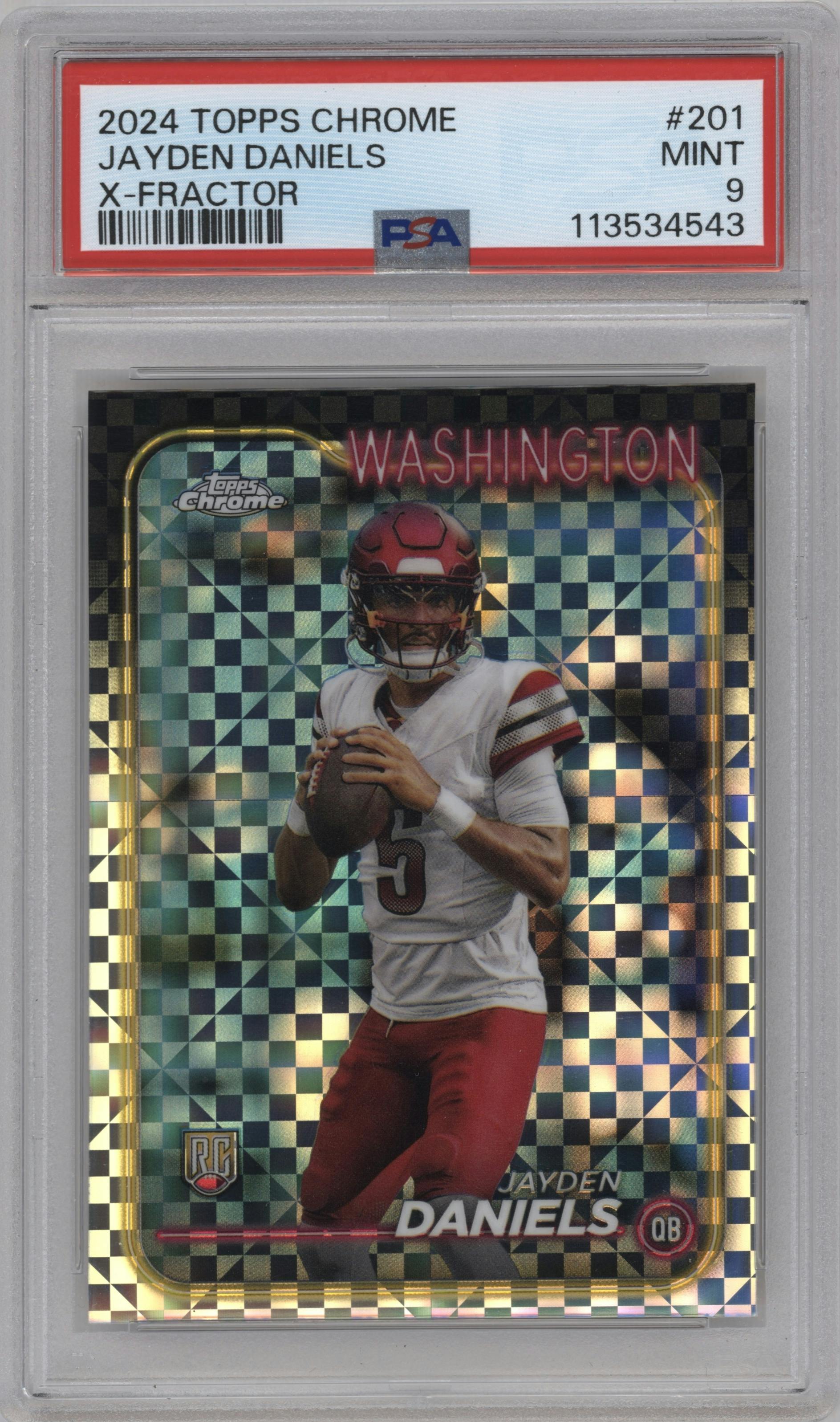 Jayden Daniels from the 2024 Topps Chrome set featuring a X-Fractor parallel graded by PSA and given an overall grade of 9.