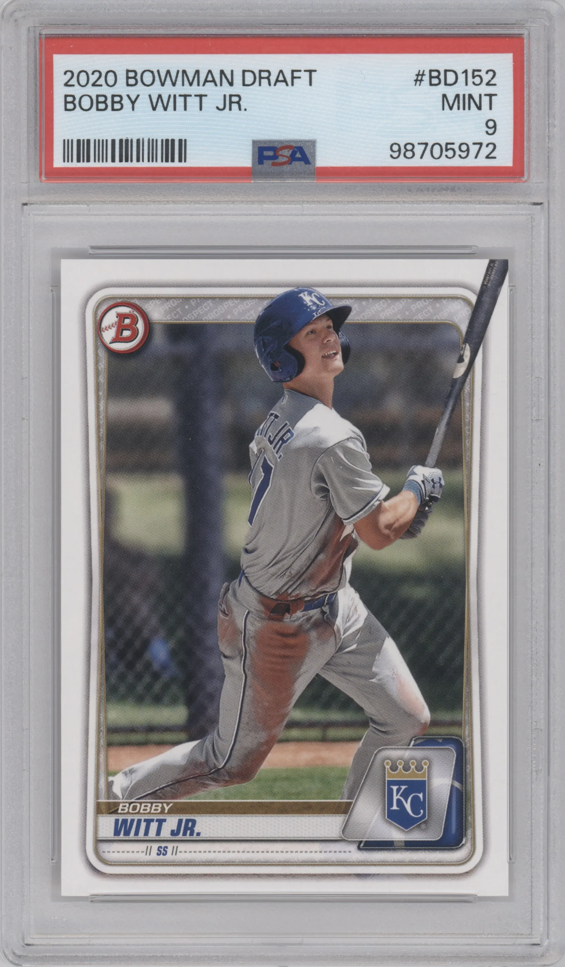 Bobby Witt Jr. from the 2020 Bowman Draft set graded by PSA and given an overall grade of 9.