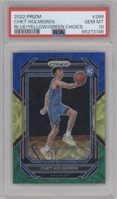 Chet Holmgren from the 2022-23 Panini Prizm  set featuring a Choice Blue/Yellow/Green parallel graded by PSA and given an overall grade of 10.