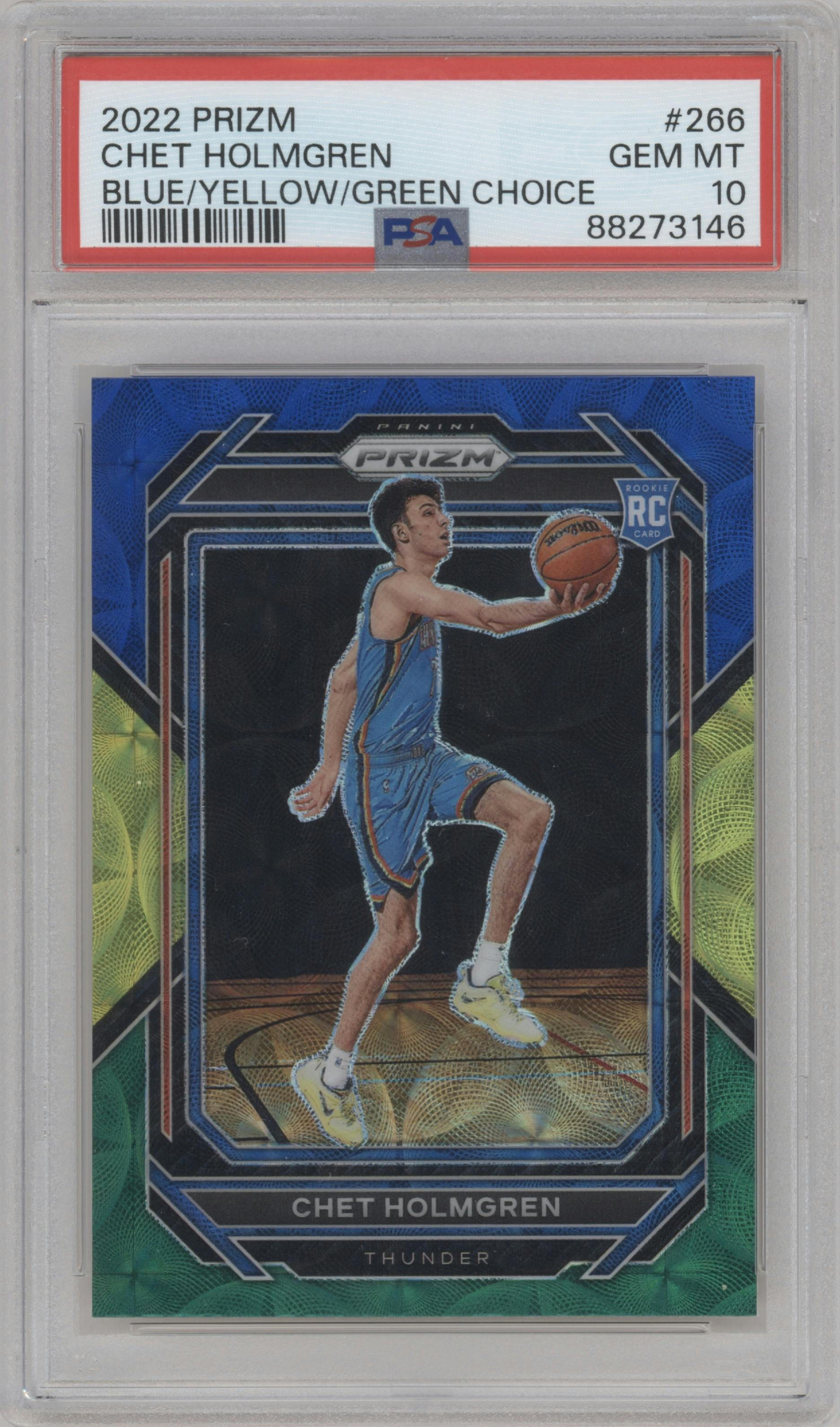 Chet Holmgren from the 2022-23 Panini Prizm  set featuring a Choice Blue/Yellow/Green parallel graded by PSA and given an overall grade of 10.