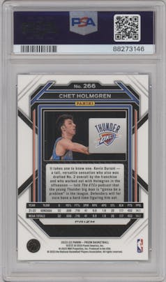 Chet Holmgren from the 2022-23 Panini Prizm  set featuring a Choice Blue/Yellow/Green parallel graded by PSA and given an overall grade of 10.