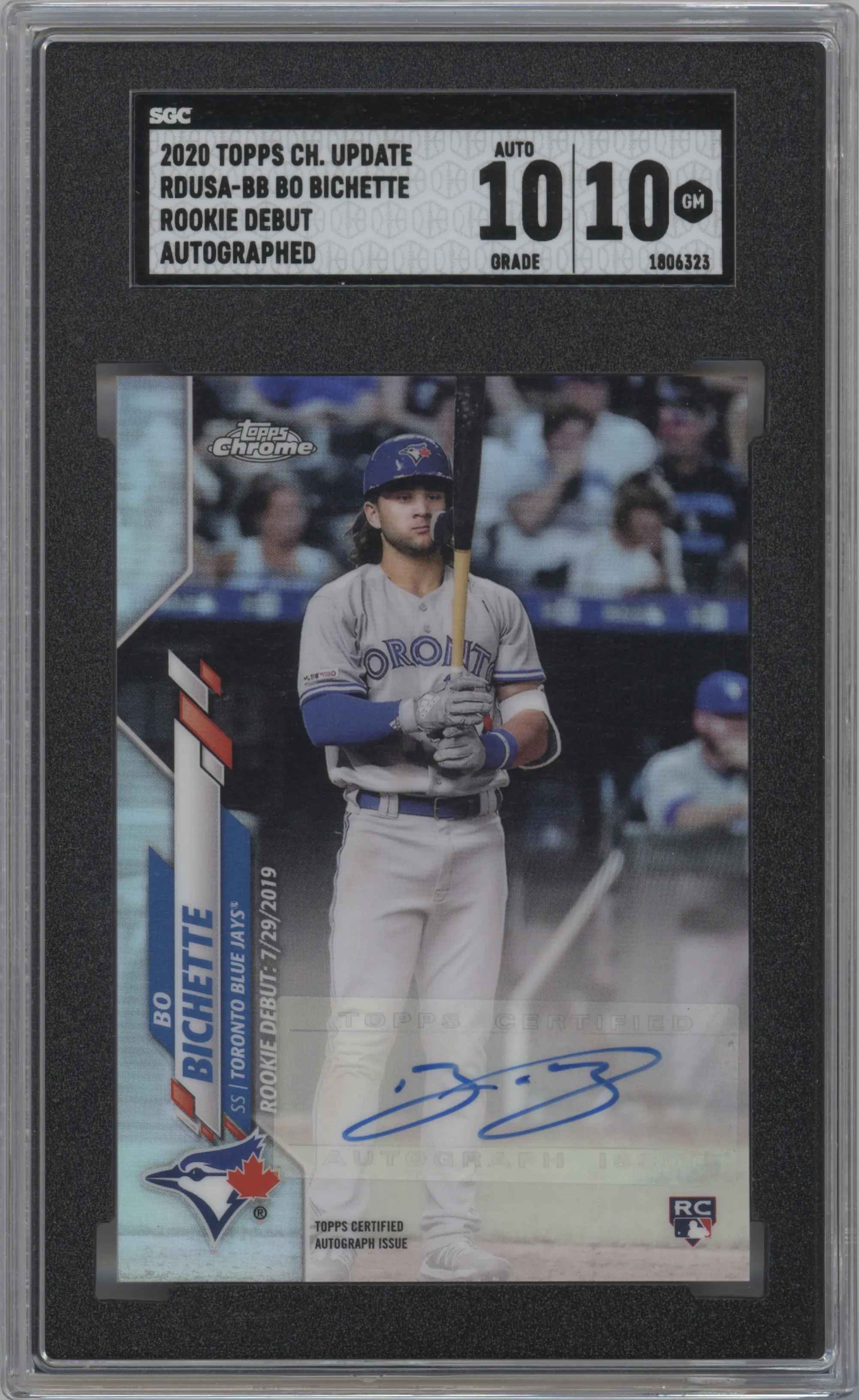 Bo Bichette from the 2020 Topps Chrome Update    set graded by SGC and given an overall grade of 10.