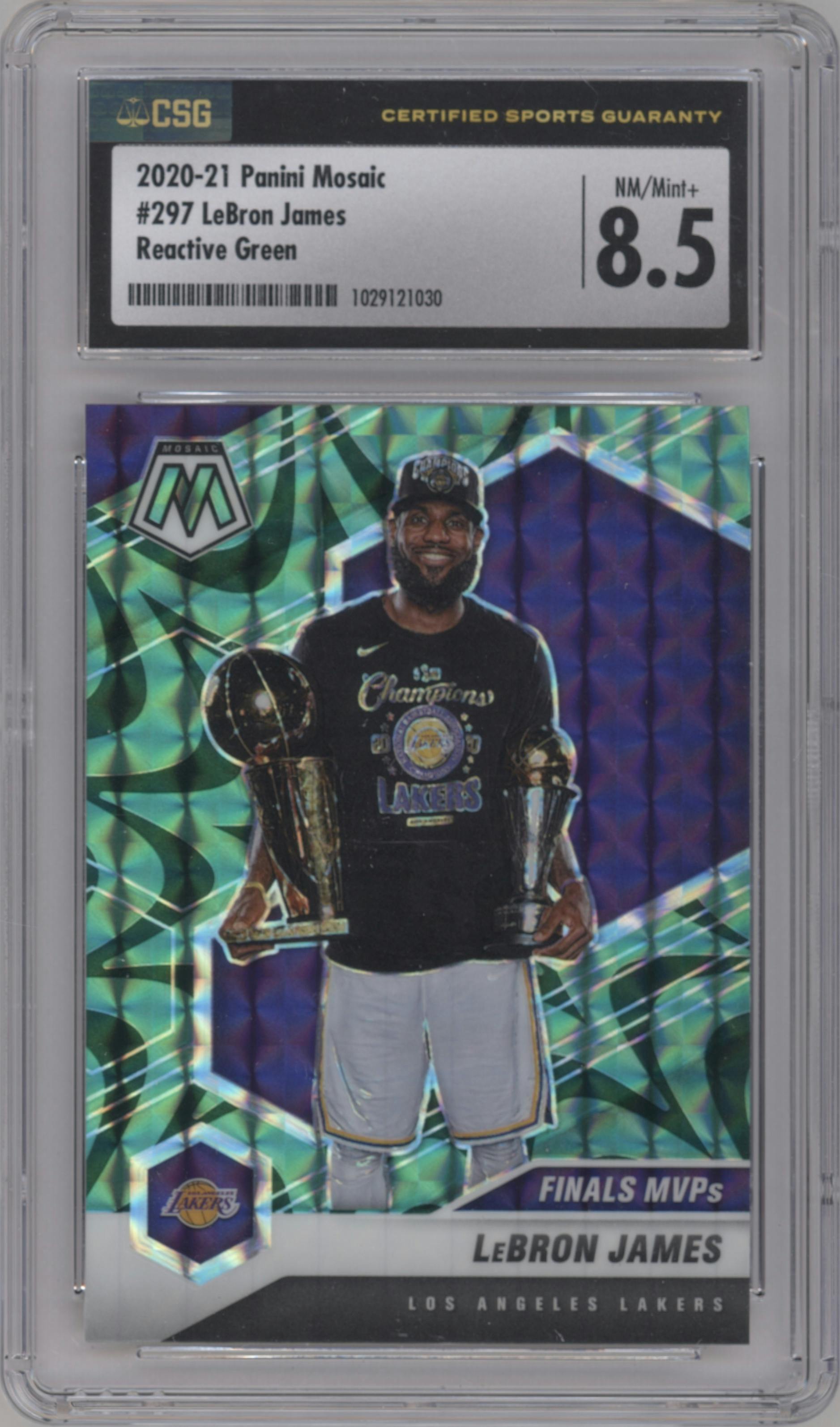 LeBron James from the 2020-21 Panini Mosaic set featuring a Reactive Green parallel graded by CSG and given an overall grade of 8.5.