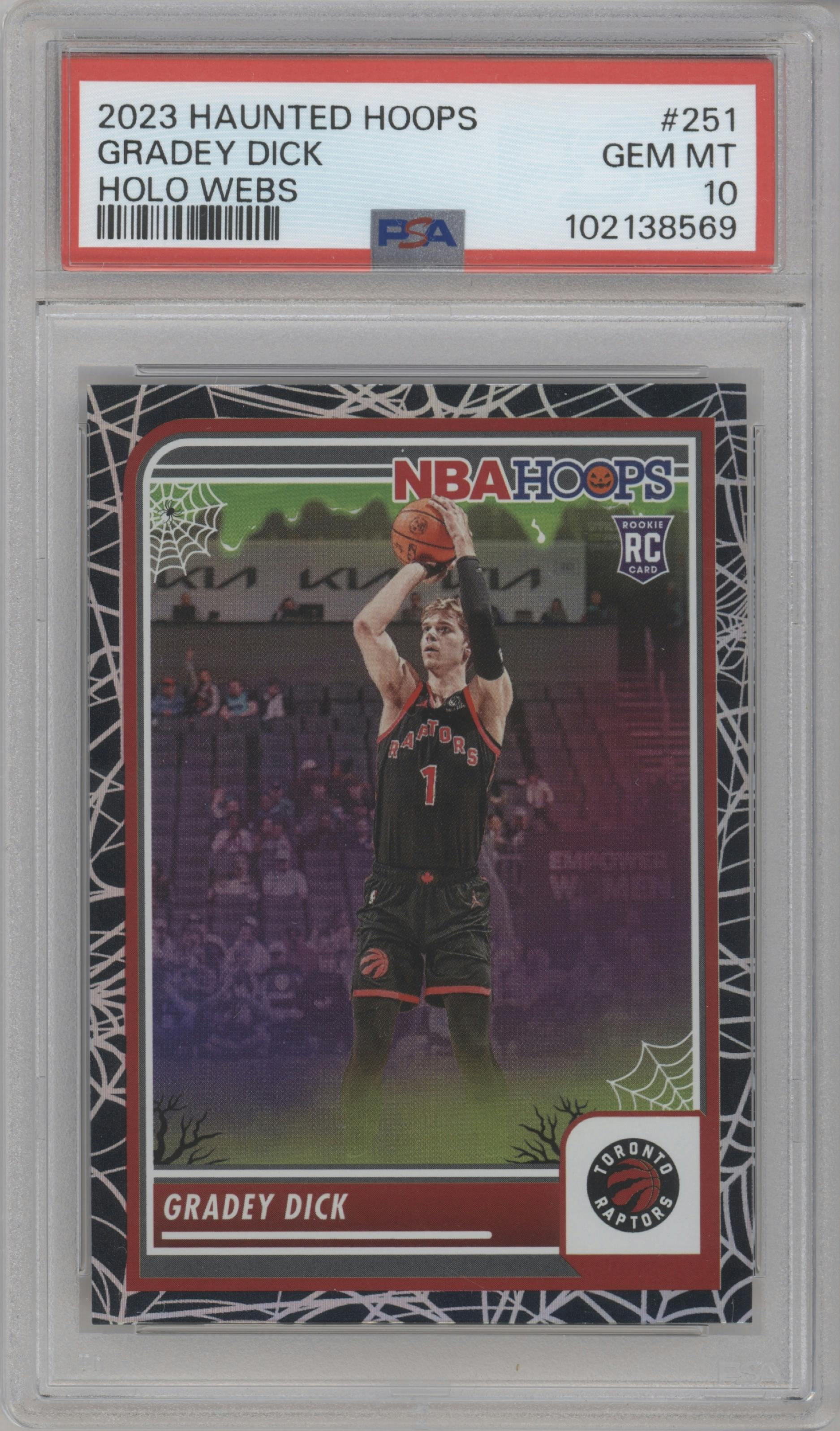 Gradey Dick  from the 2023-24 Panini Haunted Hoops set featuring a Holo Webs parallel graded by PSA and given an overall grade of 10.