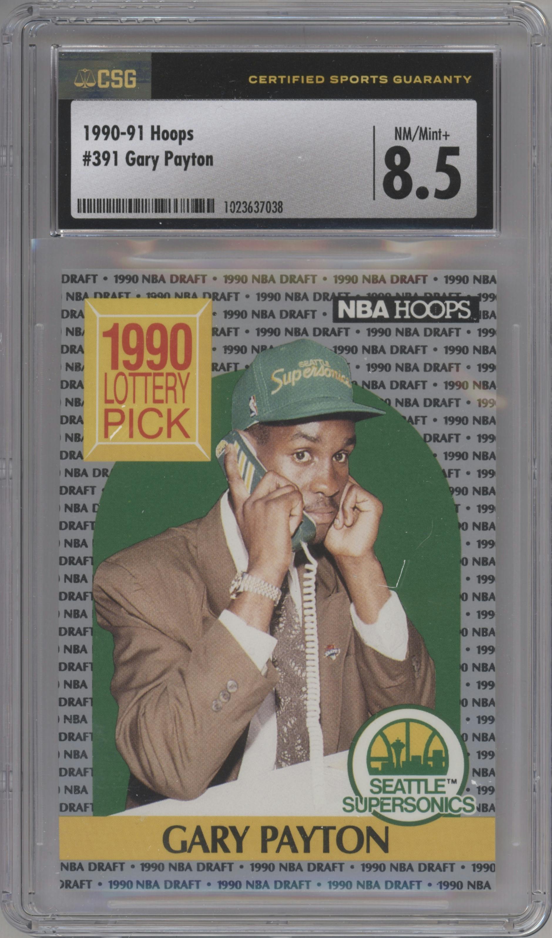 Gary Payton from the 1990-91 NBA Hoops set graded by CSG and given an overall grade of 8.5.