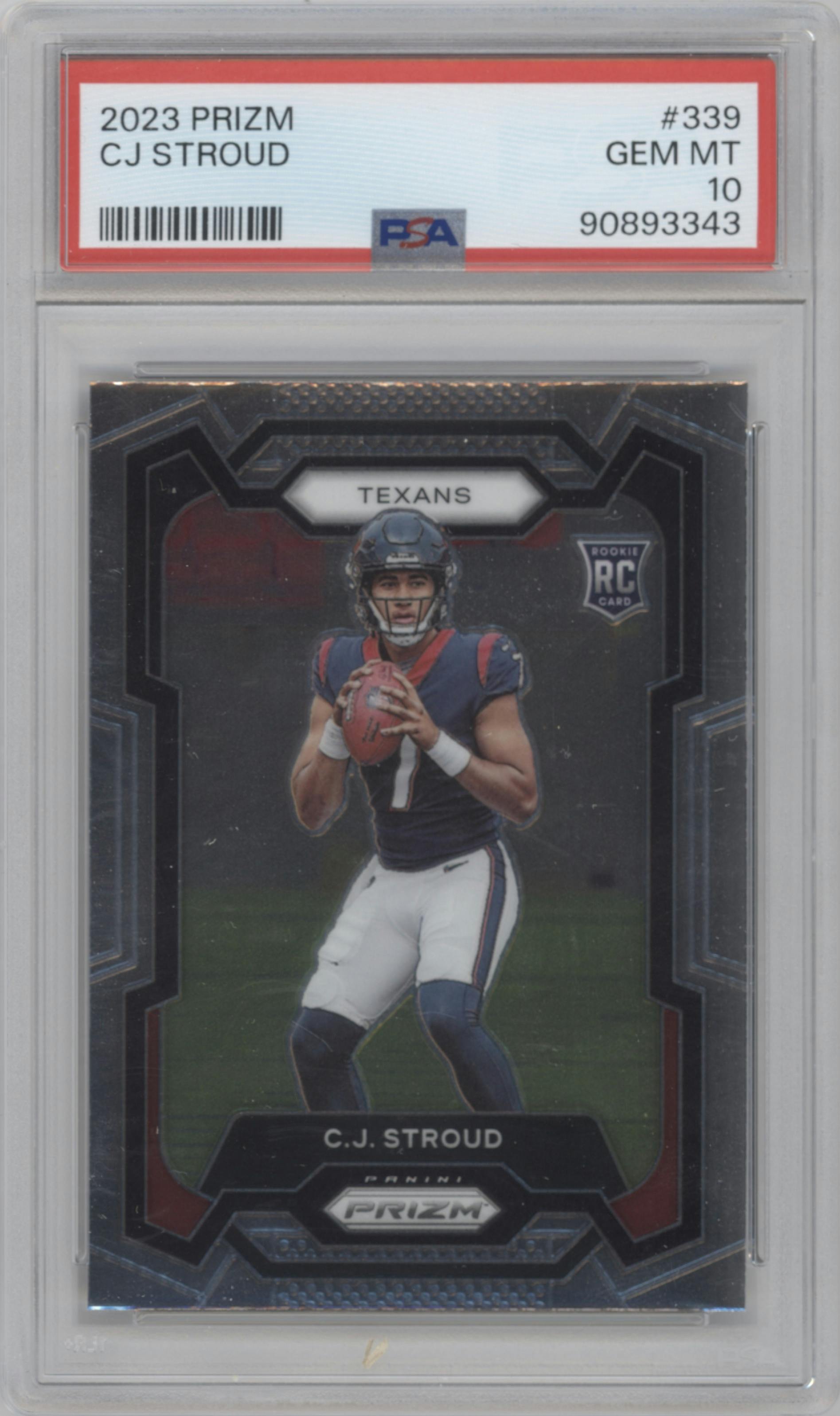 C.J. Stroud from the 2023 Panini Prizm set graded by PSA and given an overall grade of 10.