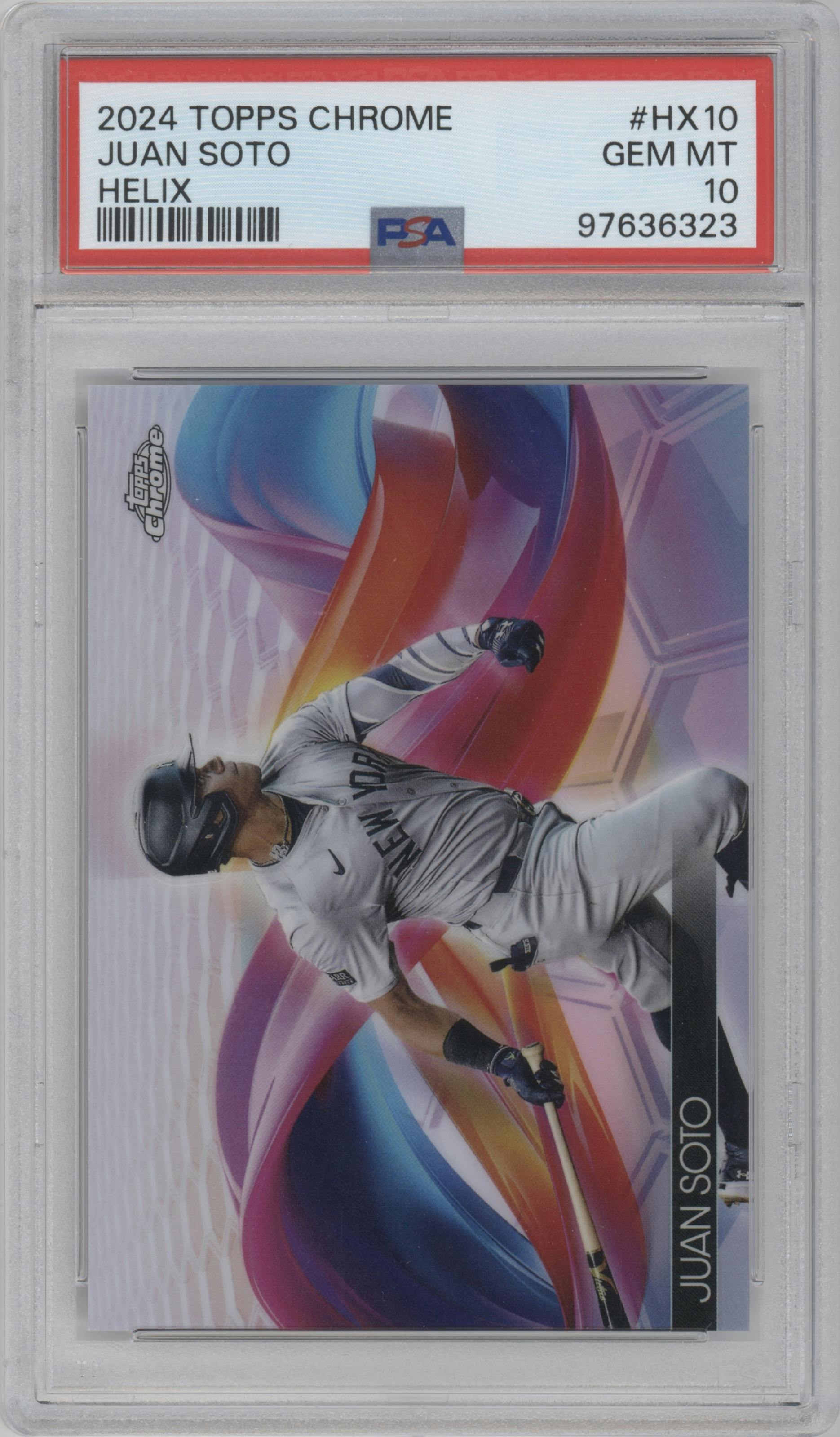 Juan Soto from the 2024 Topps Chrome set graded by PSA and given an overall grade of 10.