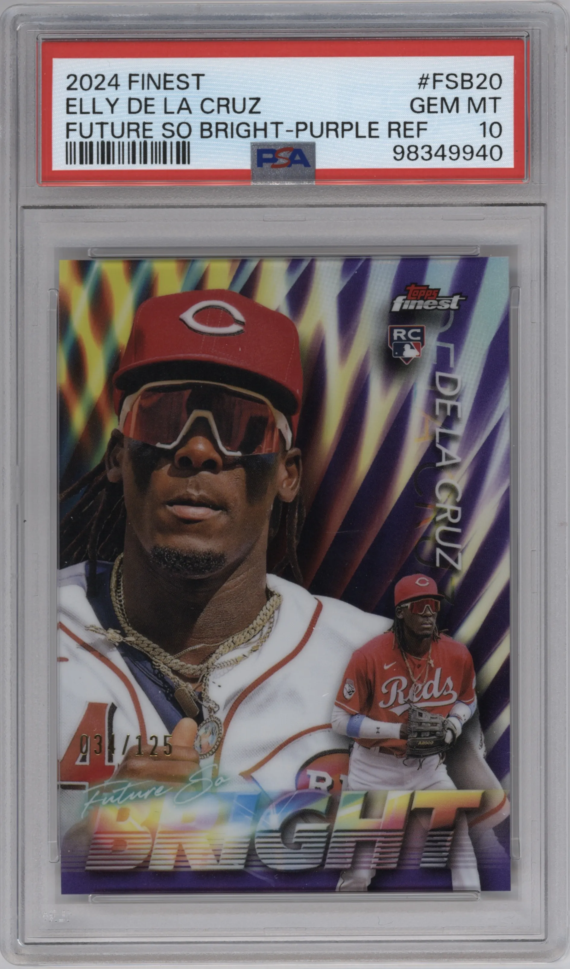 Elly De La Cruz from the 2024 Topps Finest set featuring a Purple Refractor parallel graded by PSA and given an overall grade of 10.