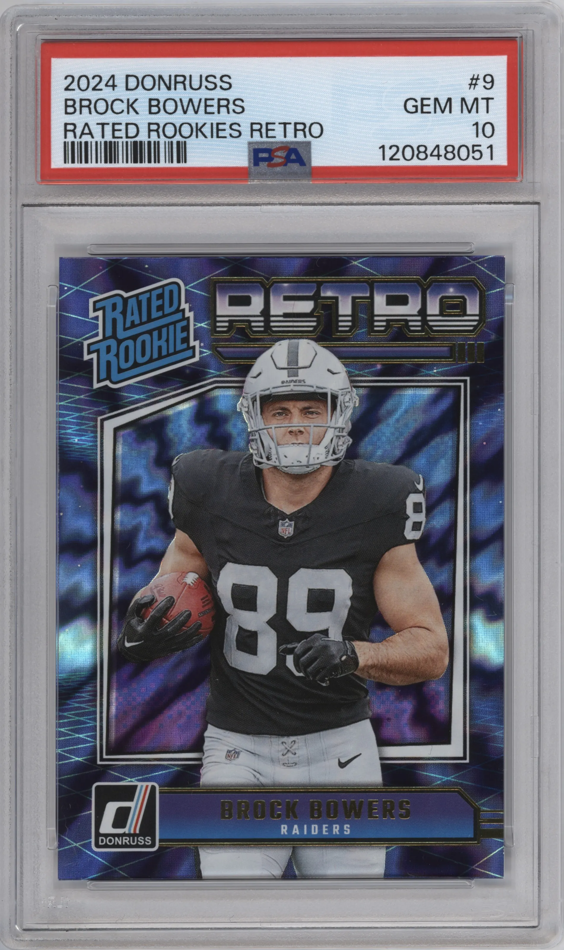 Brock Bowers from the 2024 Donruss set graded by PSA and given an overall grade of 10.