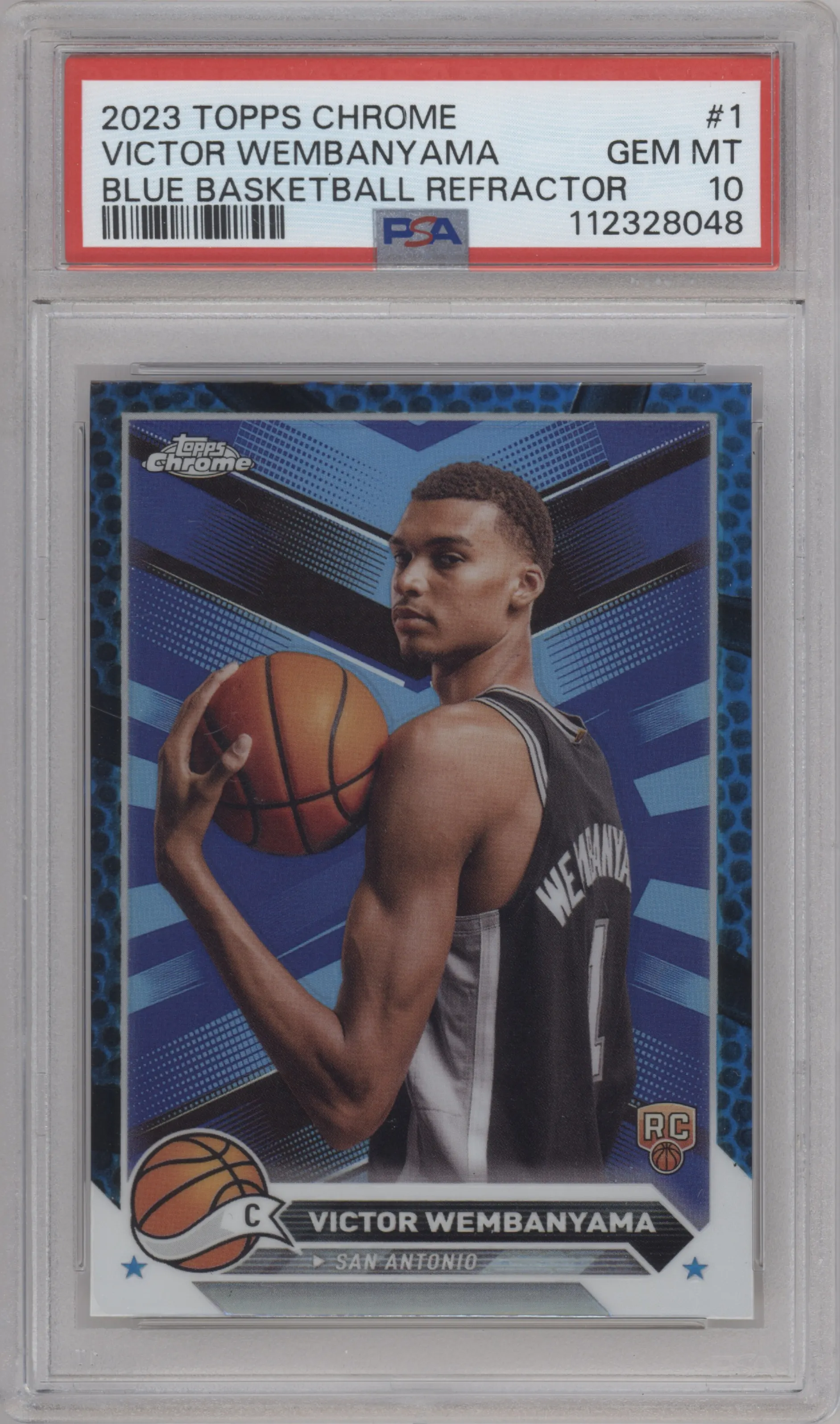 Victor Wembanyama from the 2023-24 Topps Chrome set featuring a Blue Basketball Refractor parallel graded by PSA and given an overall grade of 10.
