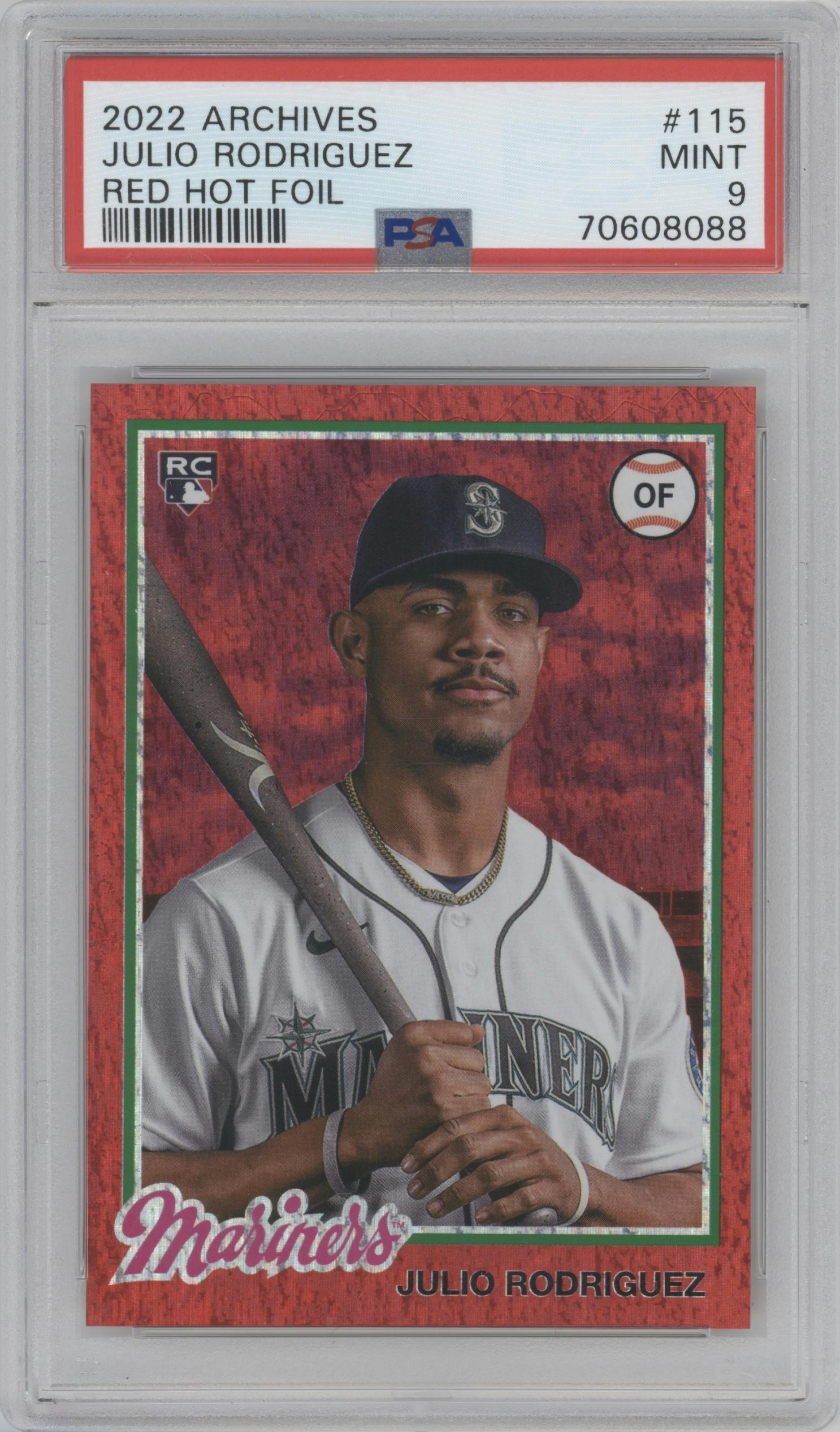 Julio Rodriguez from the 2022 Topps Archives set featuring a Red Hot Foil parallel graded by PSA and given an overall grade of 9.