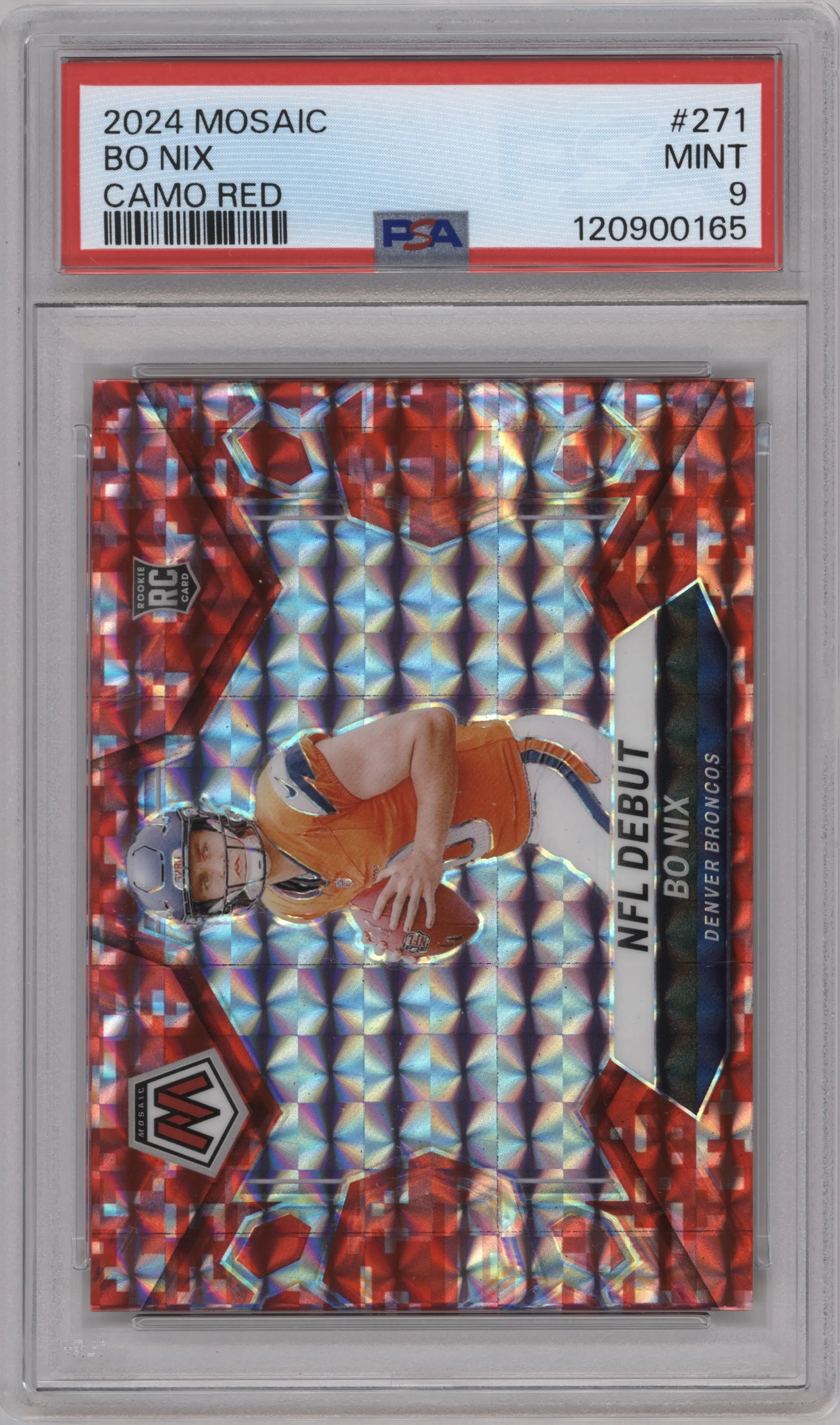 Bo Nix from the 2024 Panini Mosaic set featuring a Red Camo parallel graded by PSA and given an overall grade of 9.