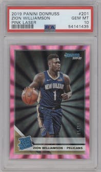 Zion Williamson from the 2019-20 Panini Donruss set featuring a Pink Laser parallel graded by PSA and given an overall grade of 10.