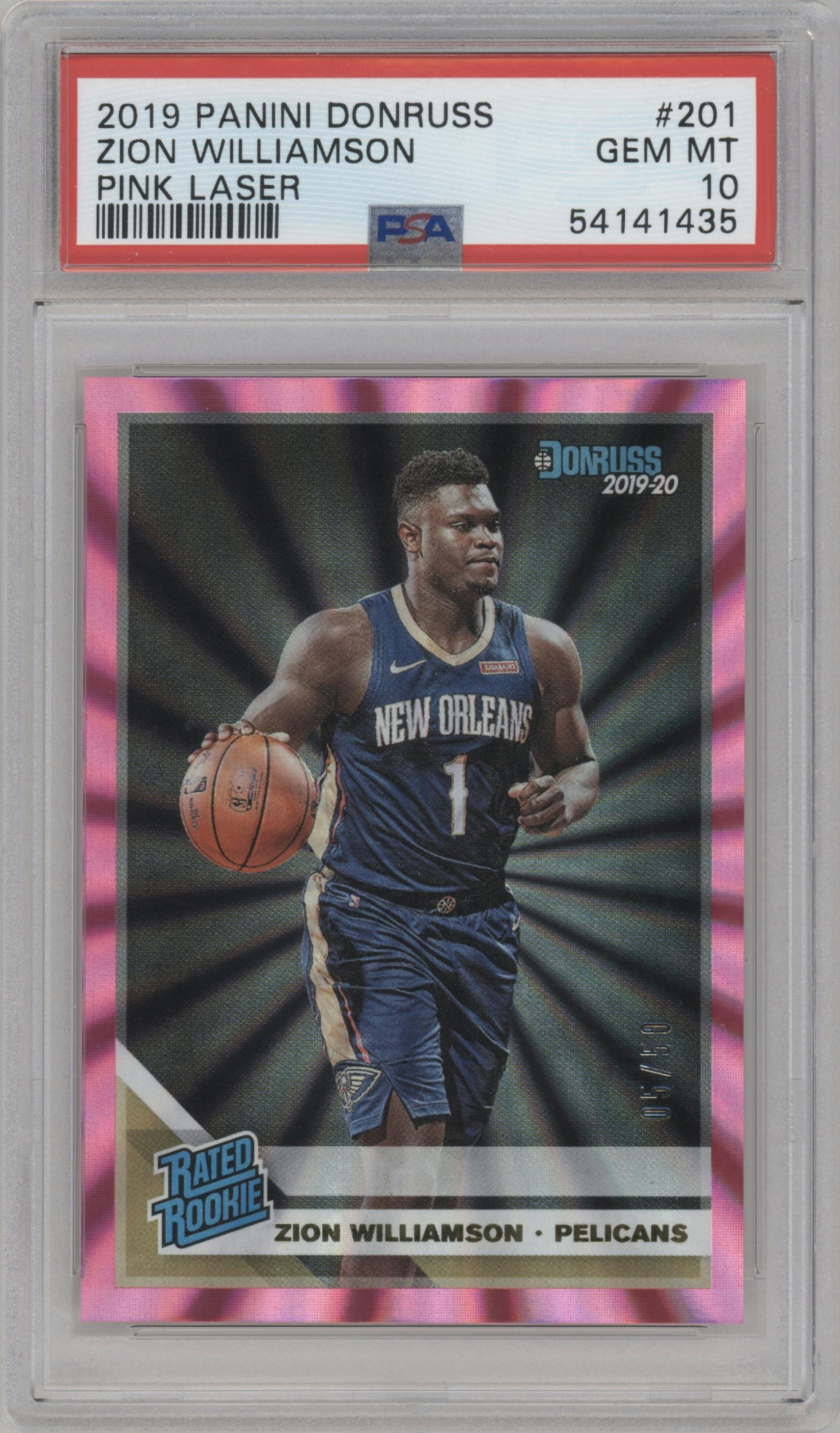 Zion Williamson from the 2019-20 Panini Donruss set featuring a Pink Laser parallel graded by PSA and given an overall grade of 10.