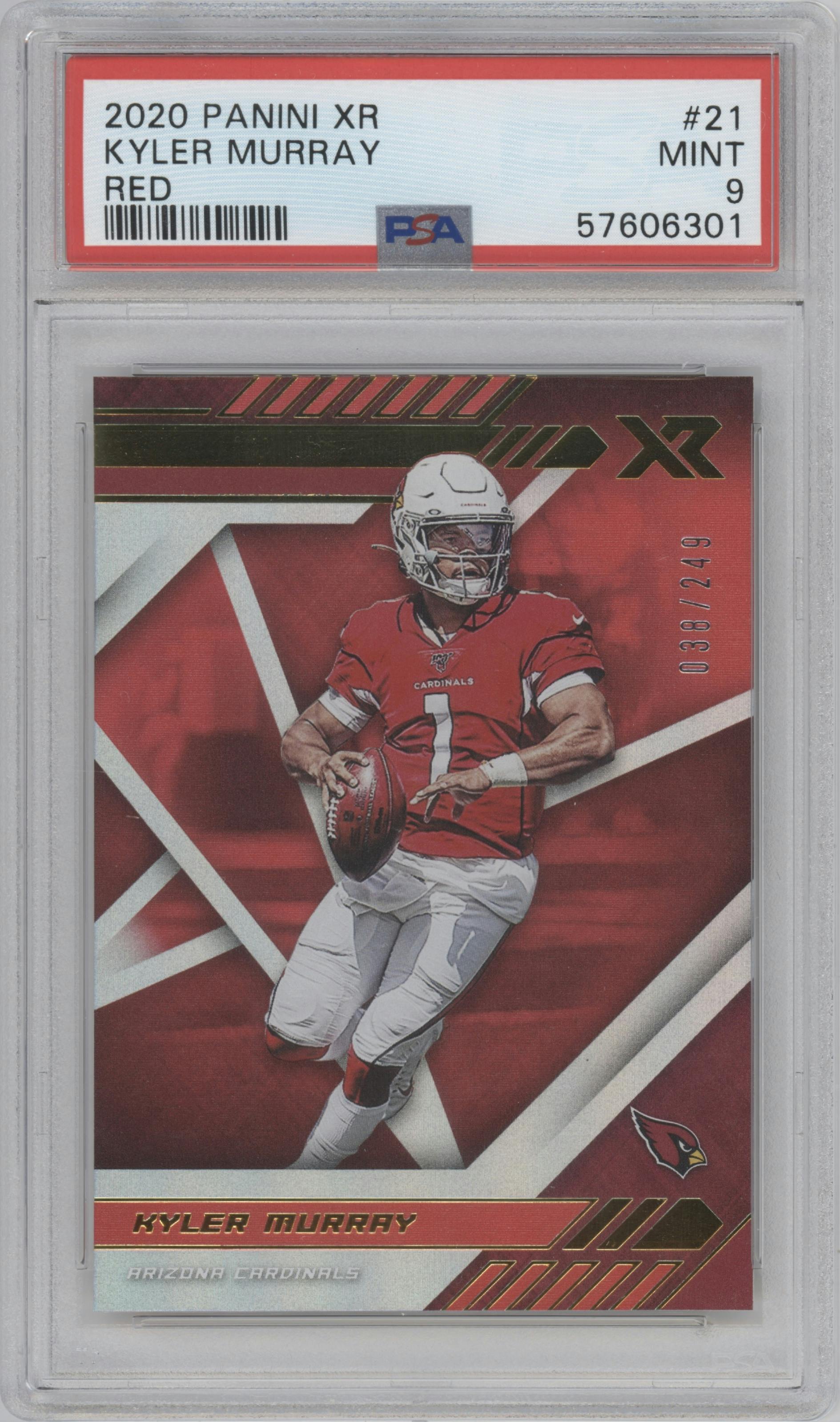Kyler Murray from the 2020 Panini XR set featuring a Red parallel graded by PSA and given an overall grade of 9.