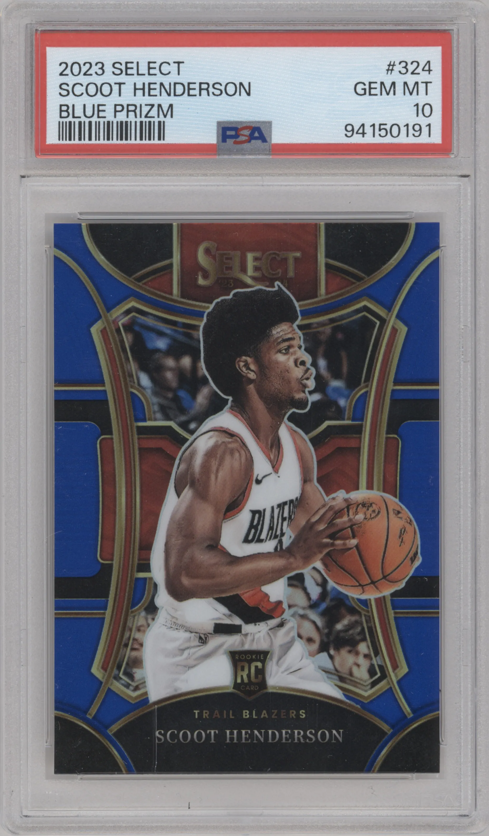 Scoot Henderson from the 2023-24 Panini Select  set featuring a Blue Prizm parallel graded by PSA and given an overall grade of 10.