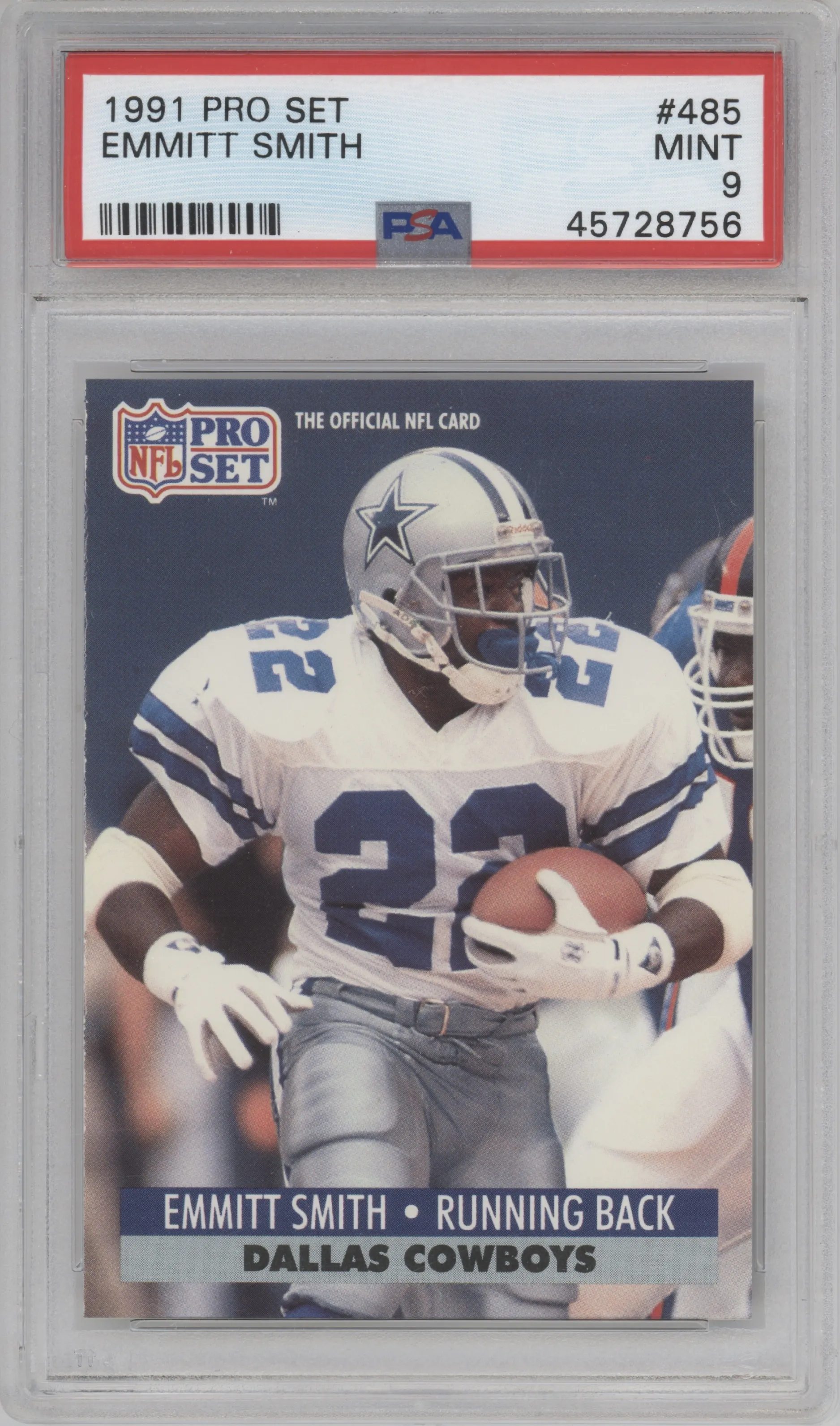  Emmitt Smith from the 1991 Pro Set set graded by PSA and given an overall grade of 9.
