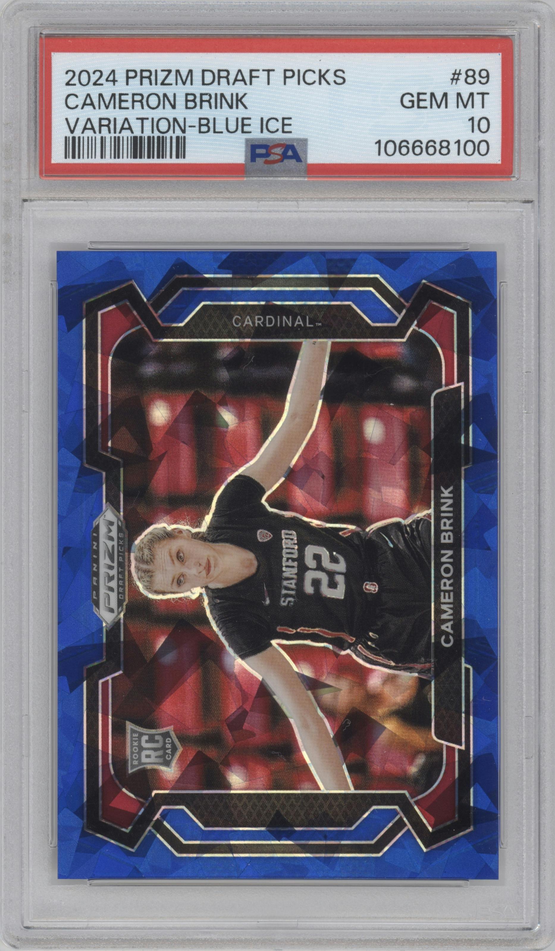 Cameron Brink from the 2024 Panini Prizm Draft Picks set featuring a Blue Ice parallel graded by PSA and given an overall grade of 10.