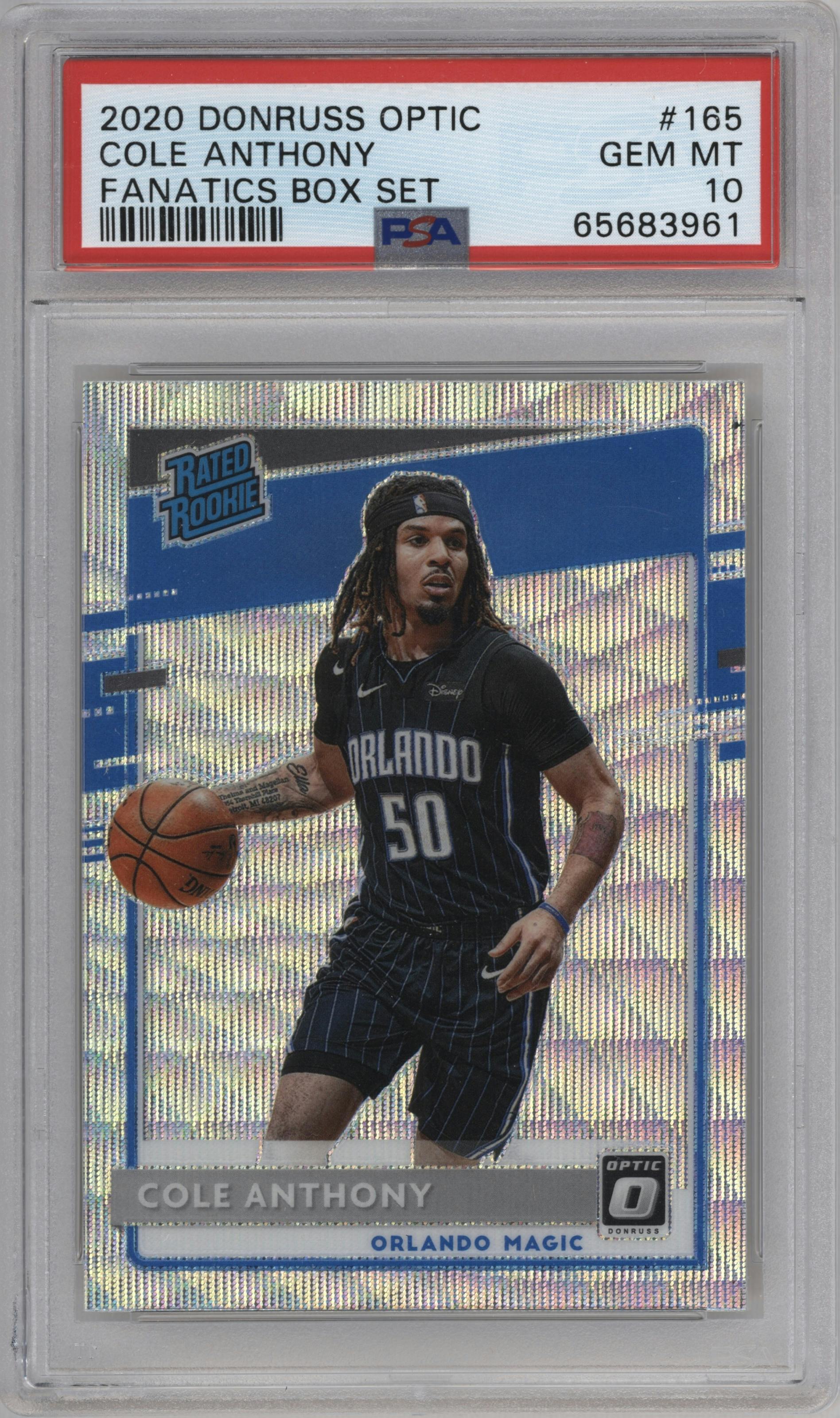 Cole Anthony from the 2020-21 Panini Donruss Optic set featuring a Fanatics Box Set parallel graded by PSA and given an overall grade of 10.