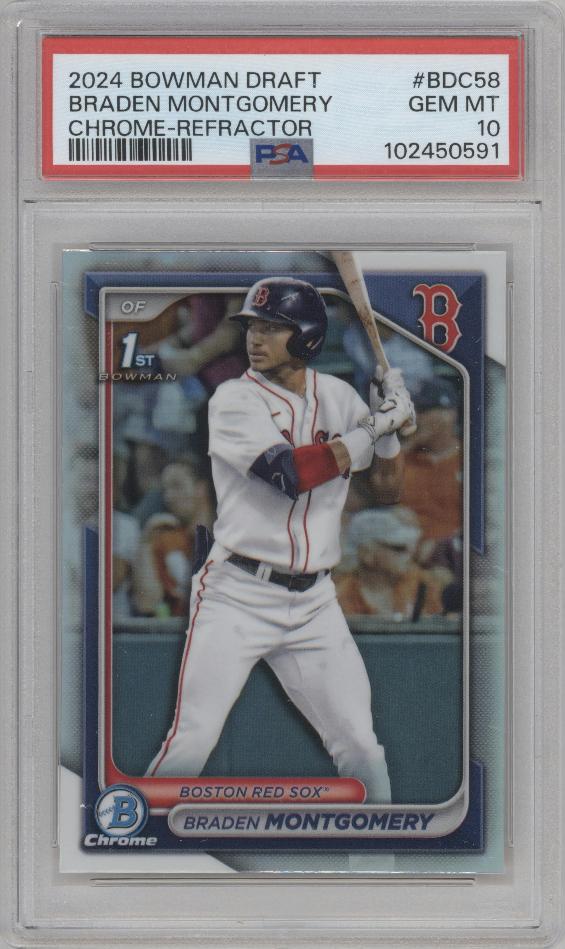 Braden Montgomery from the 2024 Bowman Draft set featuring a Refractor parallel graded by PSA and given an overall grade of 10.
