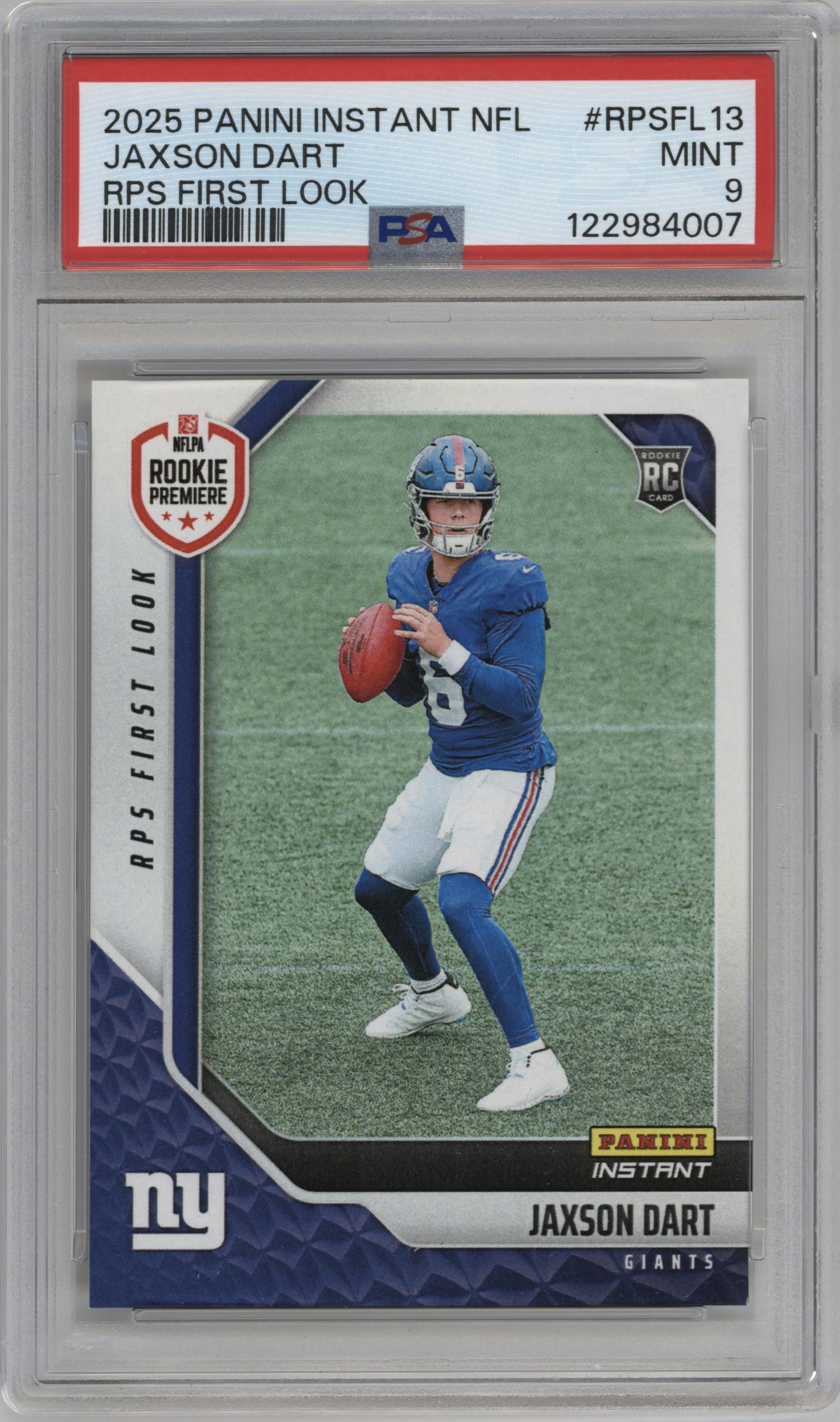 Jaxson Dart from the 2025 Panini Instant NFL RPS First Look set graded by PSA and given an overall grade of 9.