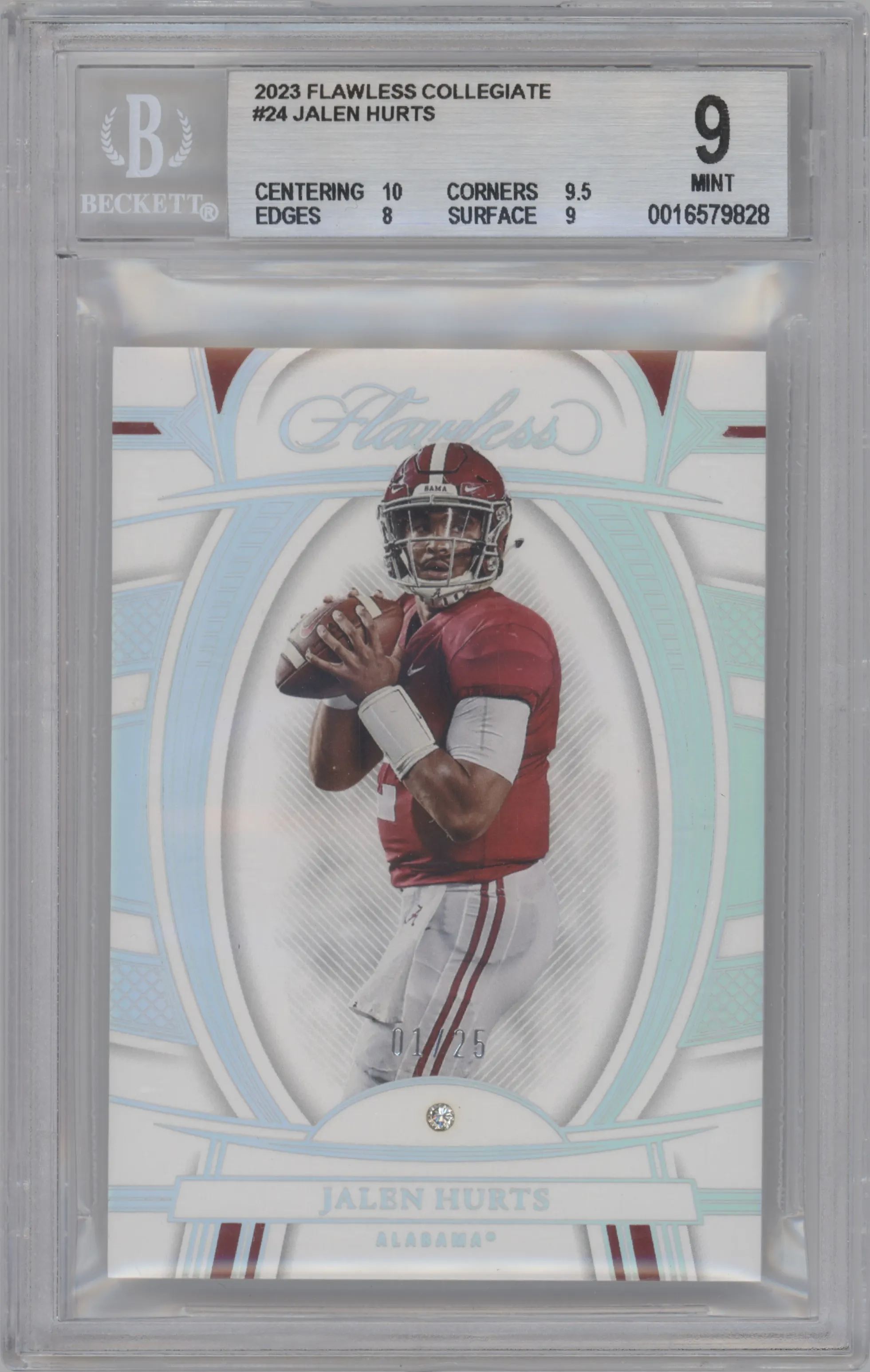 Jalen Hurts from the 2023 Panini Flawless Collegiate set graded by Beckett and given an overall grade of 9.