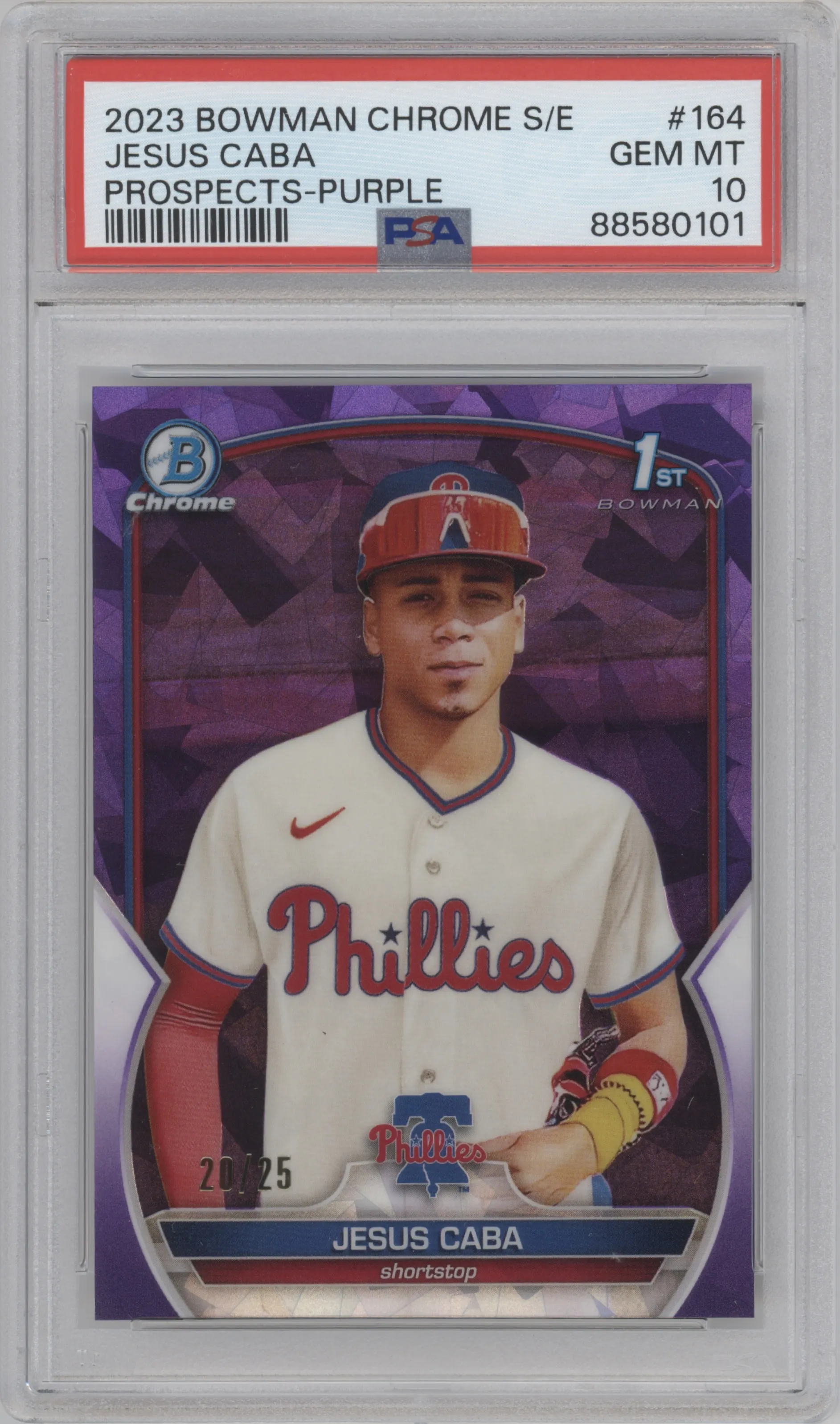 Jesus Caba from the 2023 Bowman Chrome Sapphire Edition set featuring a Purple parallel graded by PSA and given an overall grade of 10.