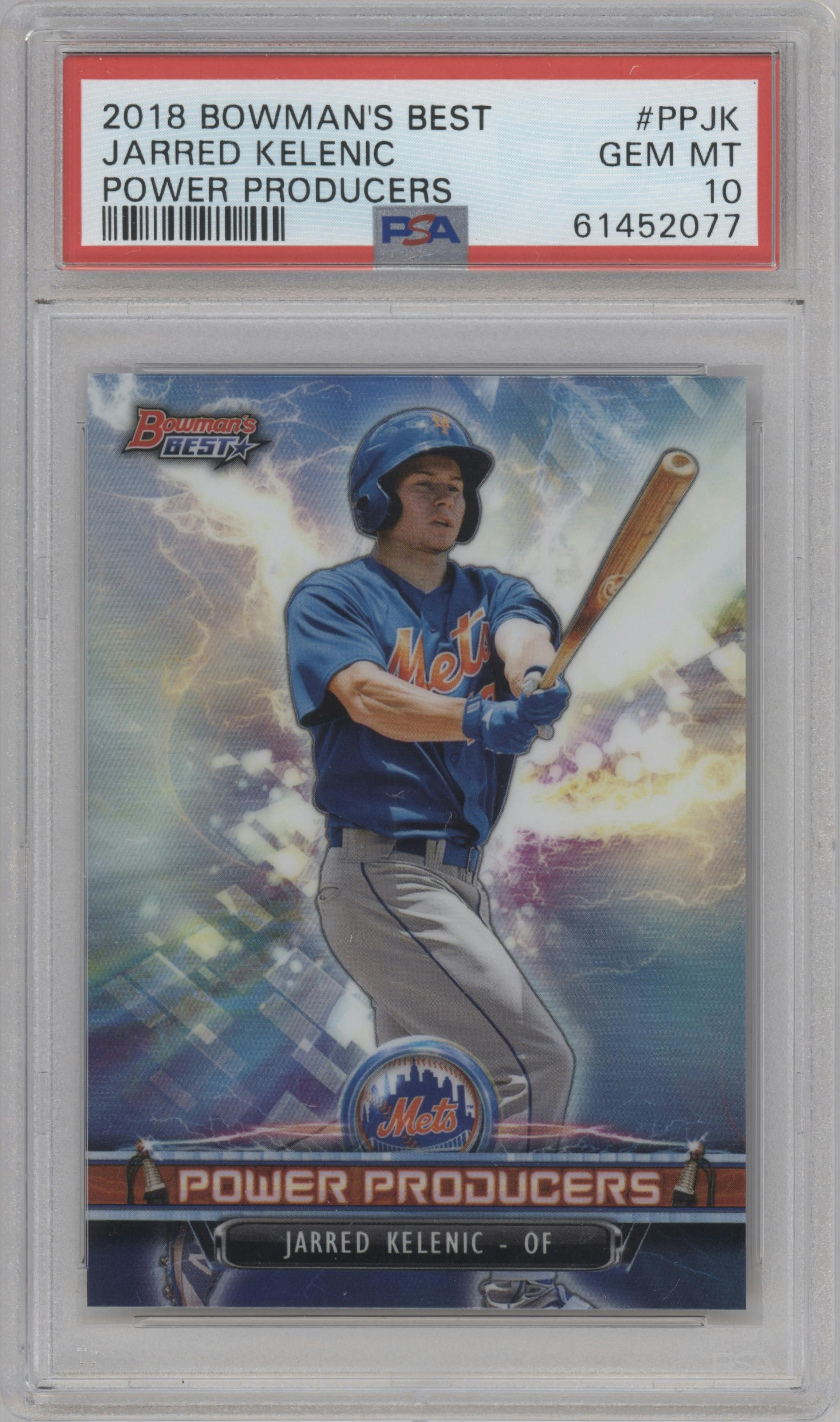 Jarred Kelenic from the 2018 Bowman’s Best set graded by PSA and given an overall grade of 10.
