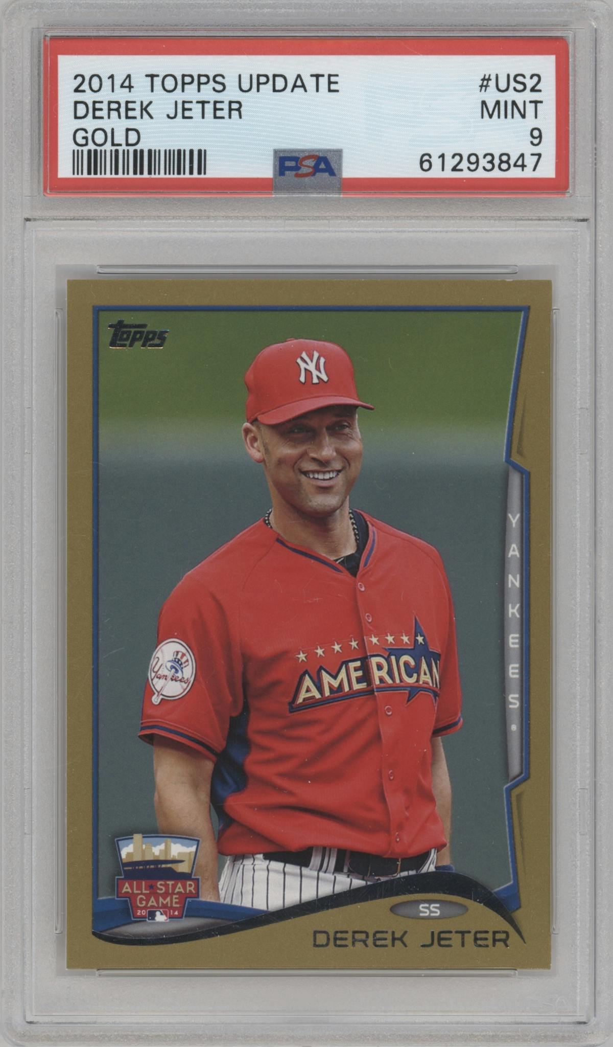 Derek Jeter from the 2014 Topps Update set featuring a Gold parallel graded by PSA and given an overall grade of 9.