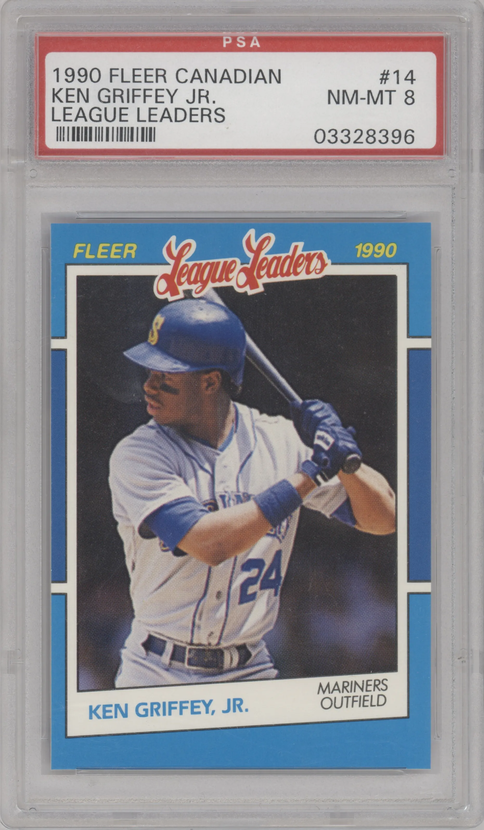Ken Griffey Jr. from the 1990 Fleer League Leaders set graded by PSA and given an overall grade of 8.