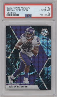 Adrian Peterson from the 2020 Panini Mosaic set featuring a Genesis parallel graded by PSA and given an overall grade of 10.