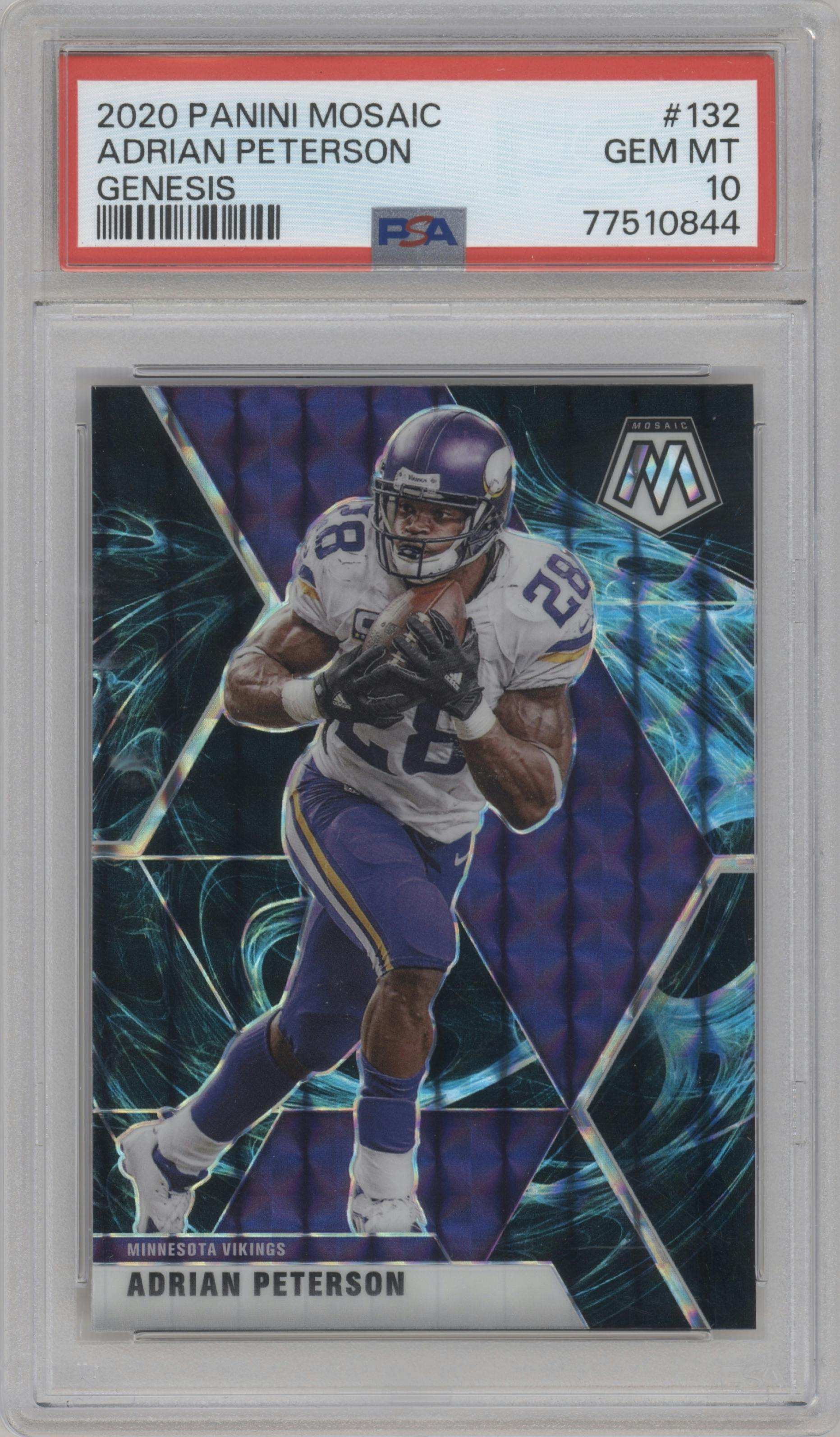Adrian Peterson from the 2020 Panini Mosaic set featuring a Genesis parallel graded by PSA and given an overall grade of 10.