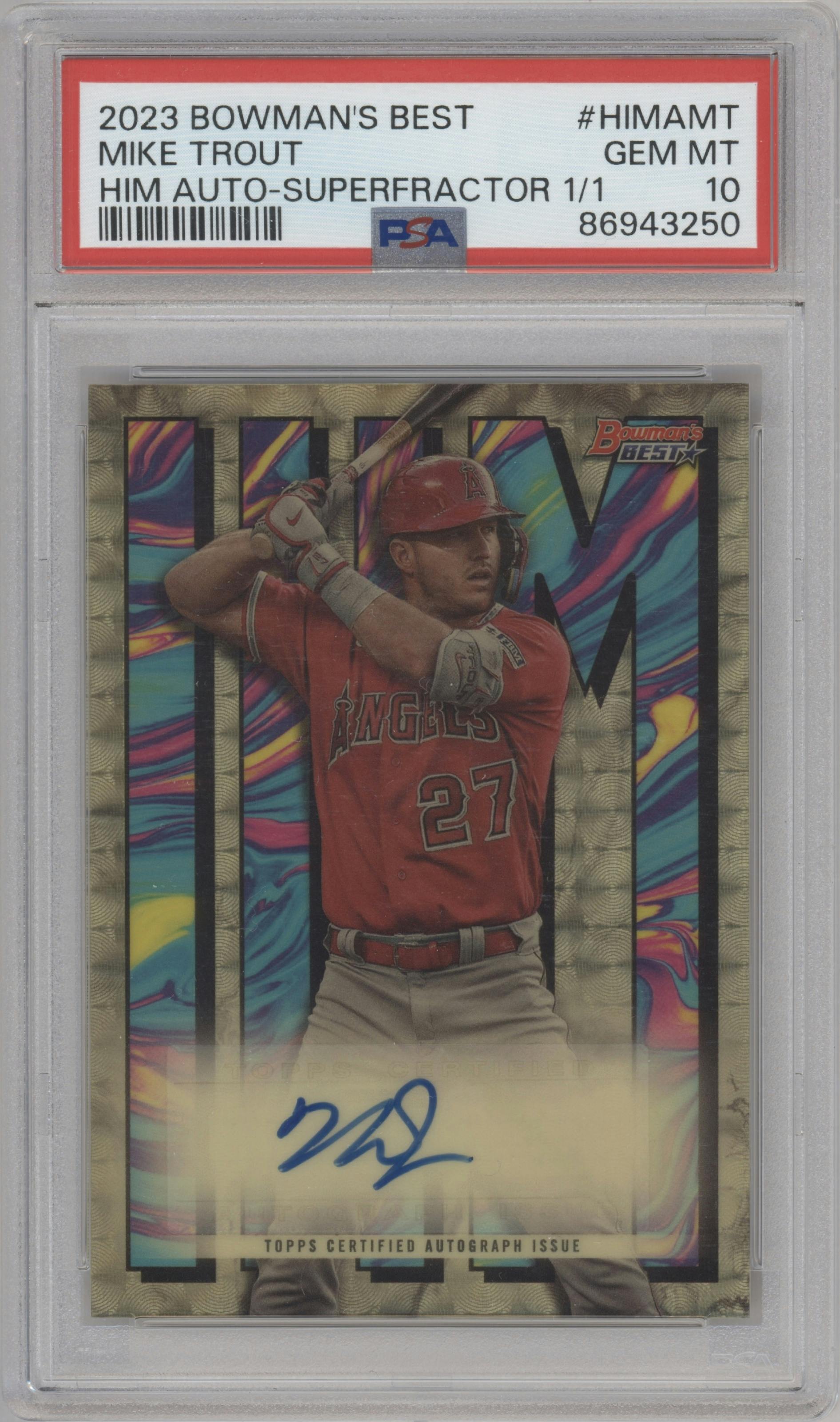 Mike Trout from the 2023 Bowman's Best set featuring a Superfractor parallel graded by PSA and given an overall grade of 10.