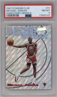 Michael Jordan from the 1997-98 Topps Stadium Club set graded by PSA and given an overall grade of 8.