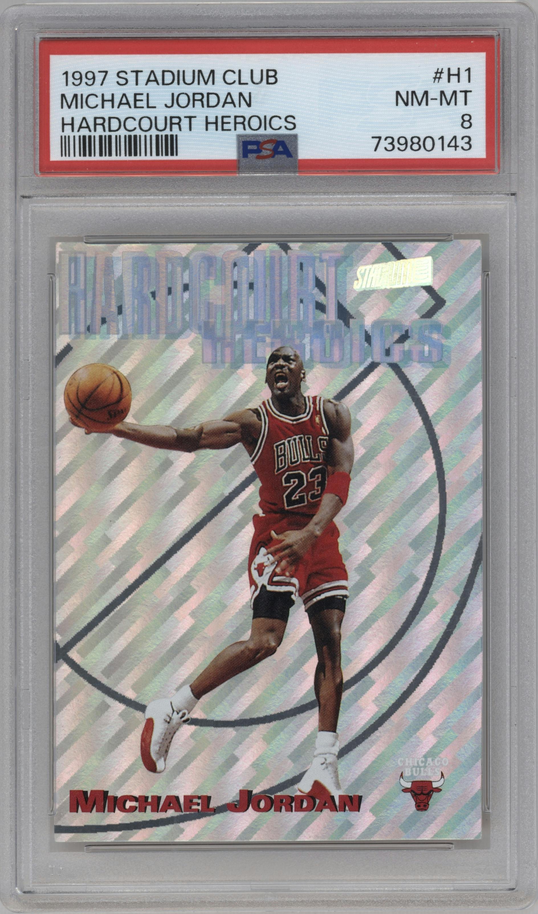 Michael Jordan from the 1997-98 Topps Stadium Club set graded by PSA and given an overall grade of 8.