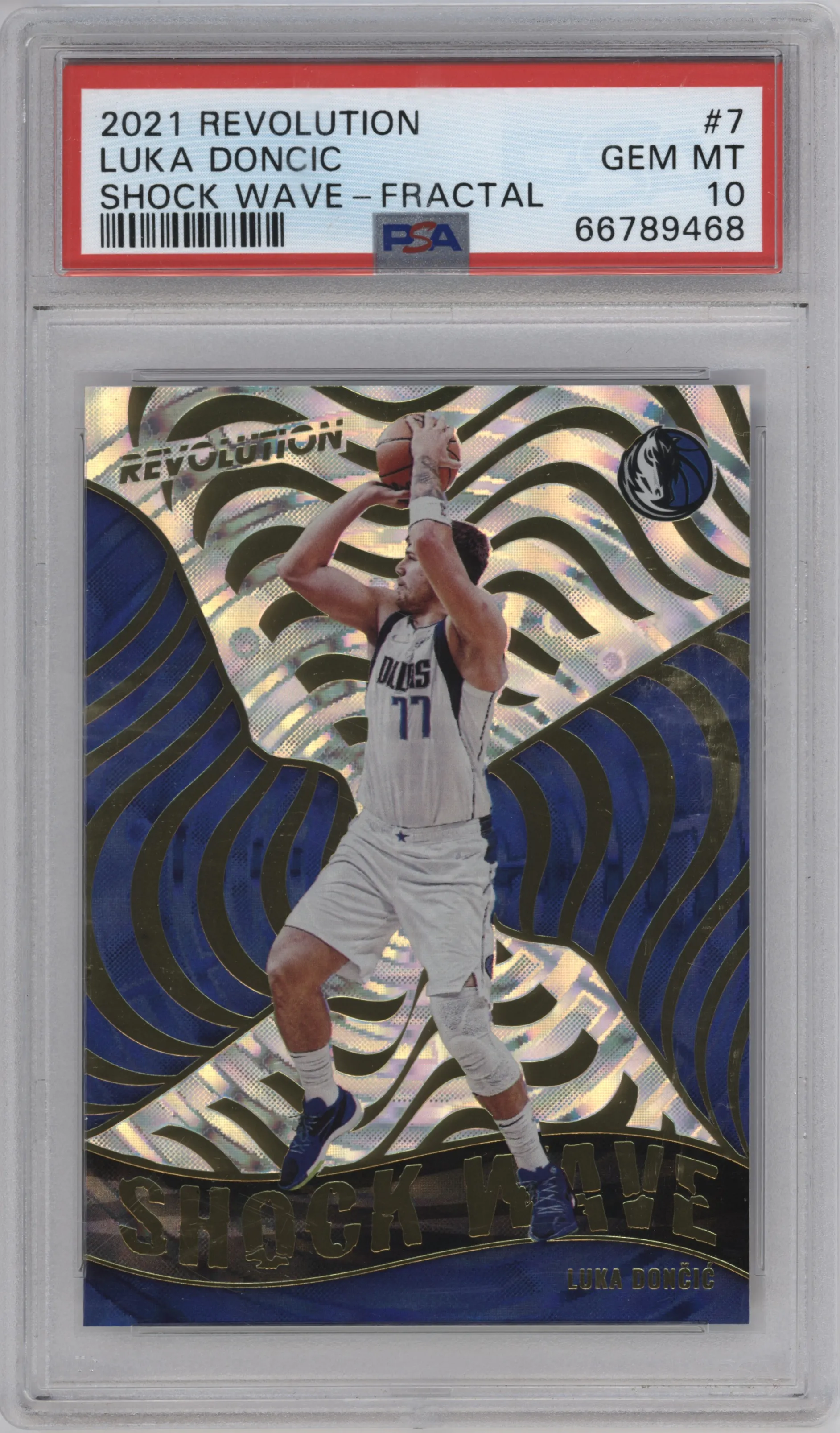 Luka Doncic from the 2021-22 Panini Revolution  set featuring a Fractal parallel graded by PSA and given an overall grade of 10.