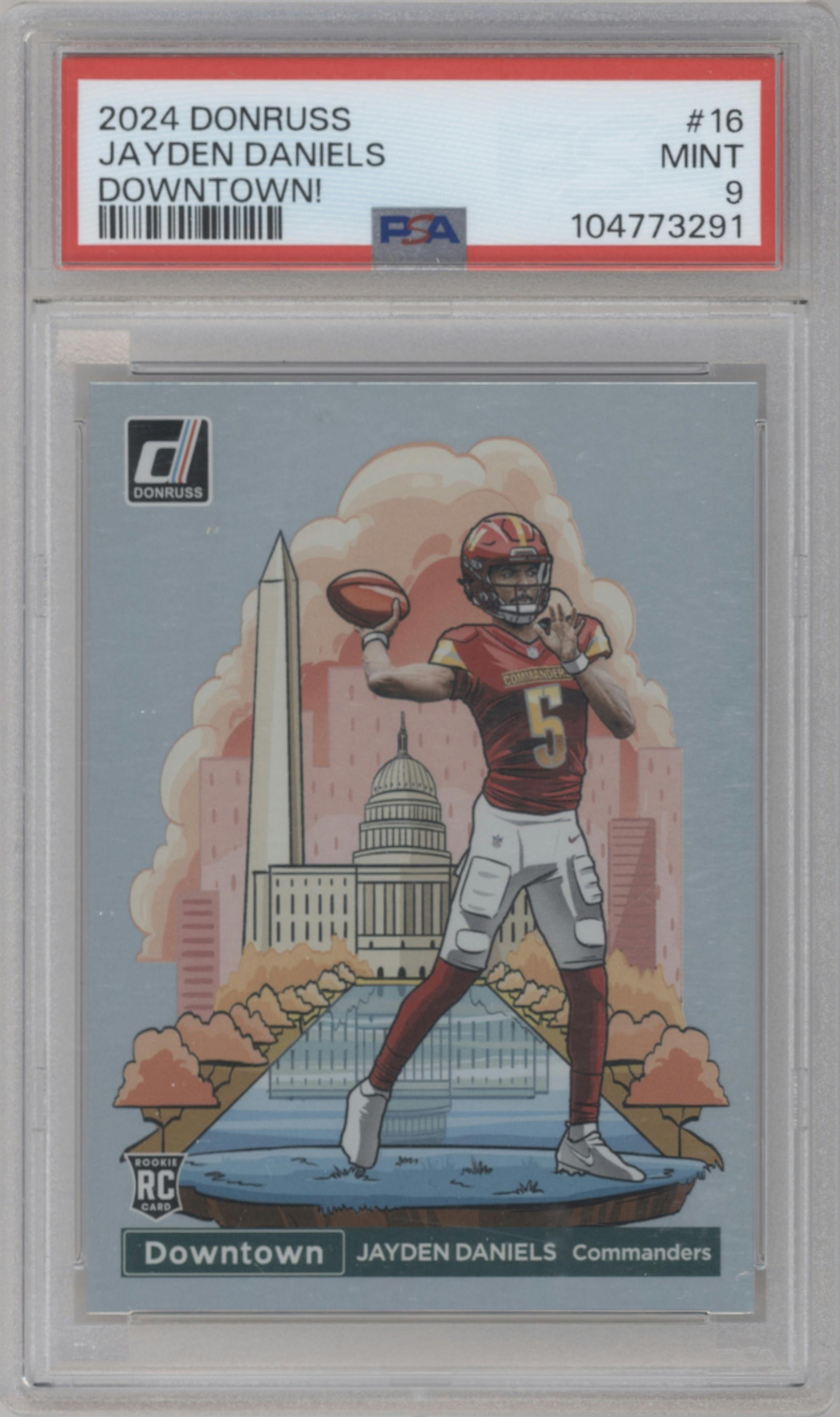Jayden Daniels from the 2024 Donruss set graded by PSA and given an overall grade of 9.