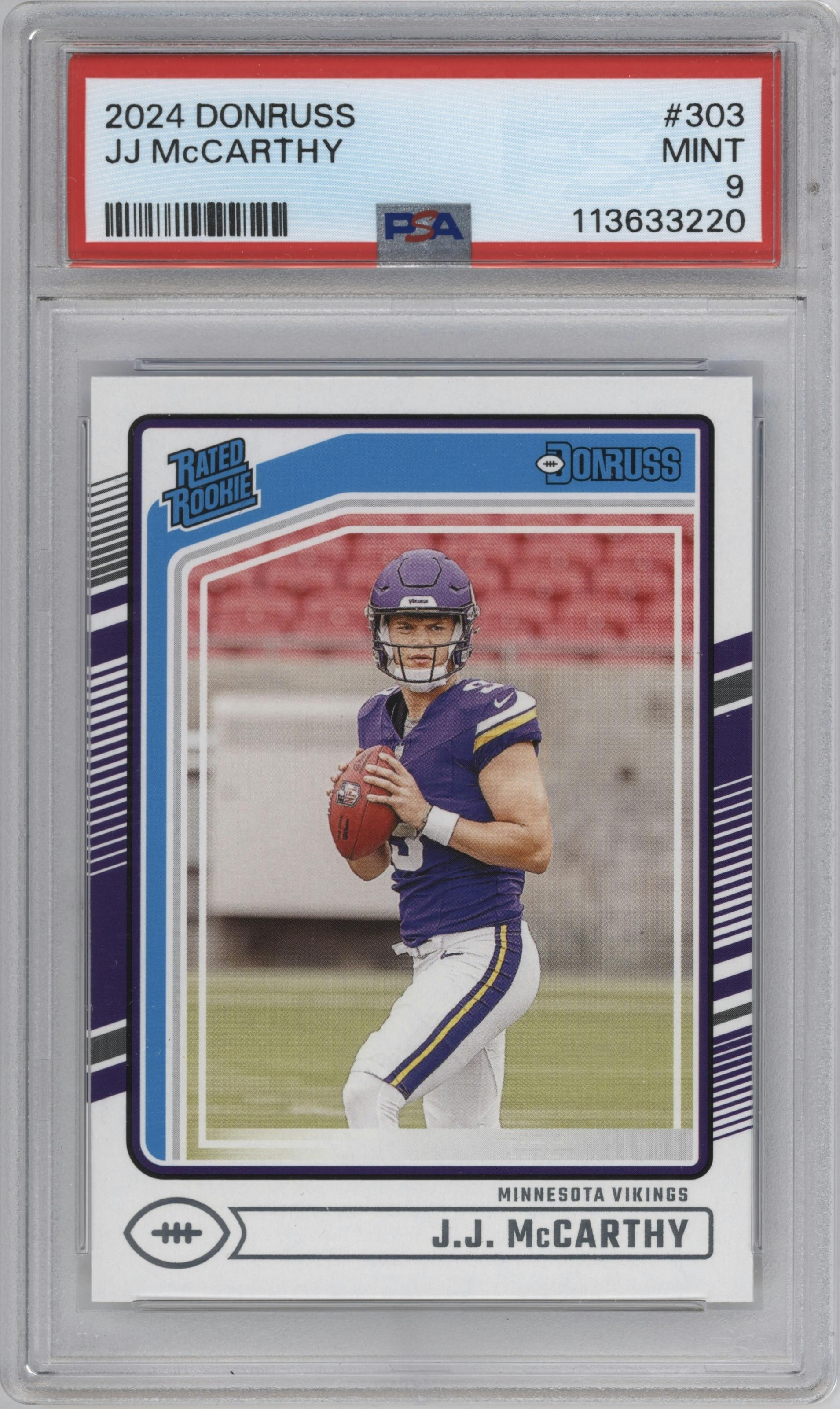J.J. McCarthy from the 2024 Donruss set graded by PSA and given an overall grade of 9.