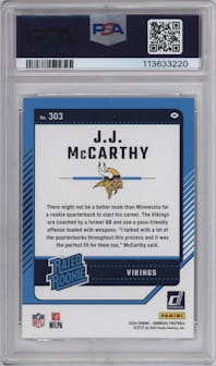J.J. McCarthy from the 2024 Donruss set graded by PSA and given an overall grade of 9.