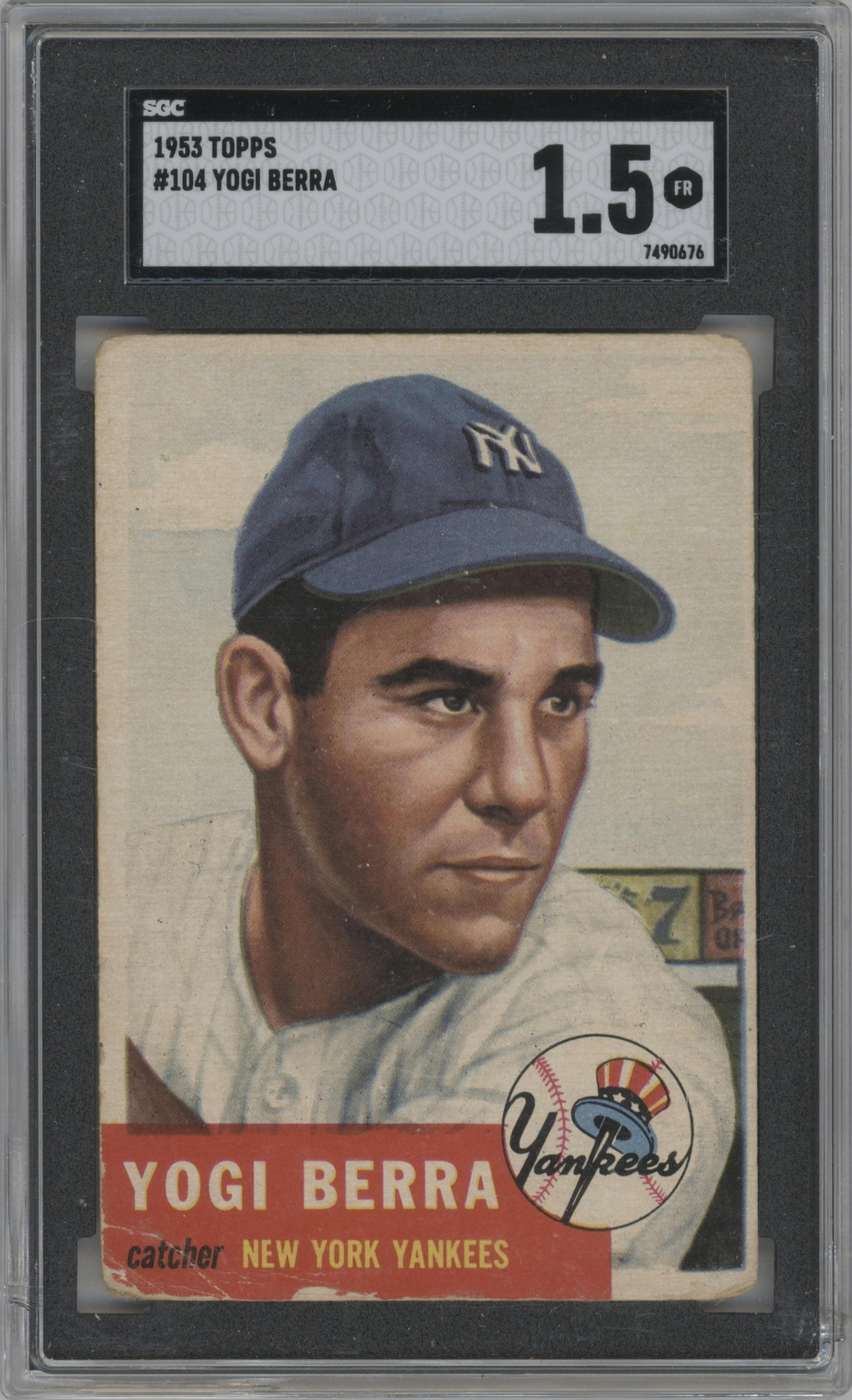 Yogi Berra from the 1953 Topps set graded by SGC and given an overall grade of 1.5.