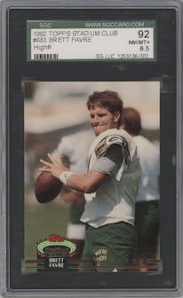 Brett Favre from the 1992 Stadium Club set graded by SGC and given an overall grade of 8.5.