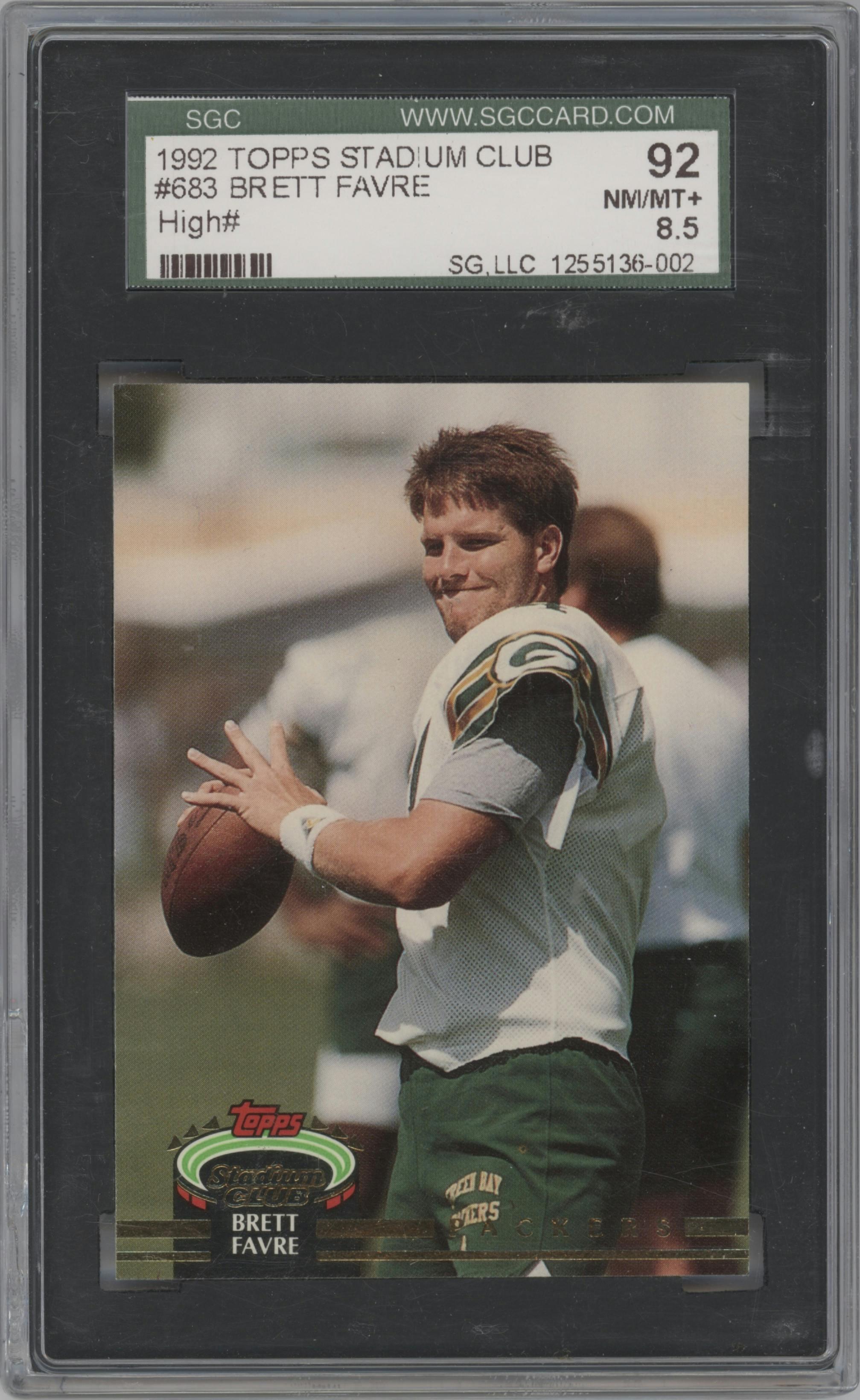 Brett Favre from the 1992 Stadium Club set graded by SGC and given an overall grade of 8.5.