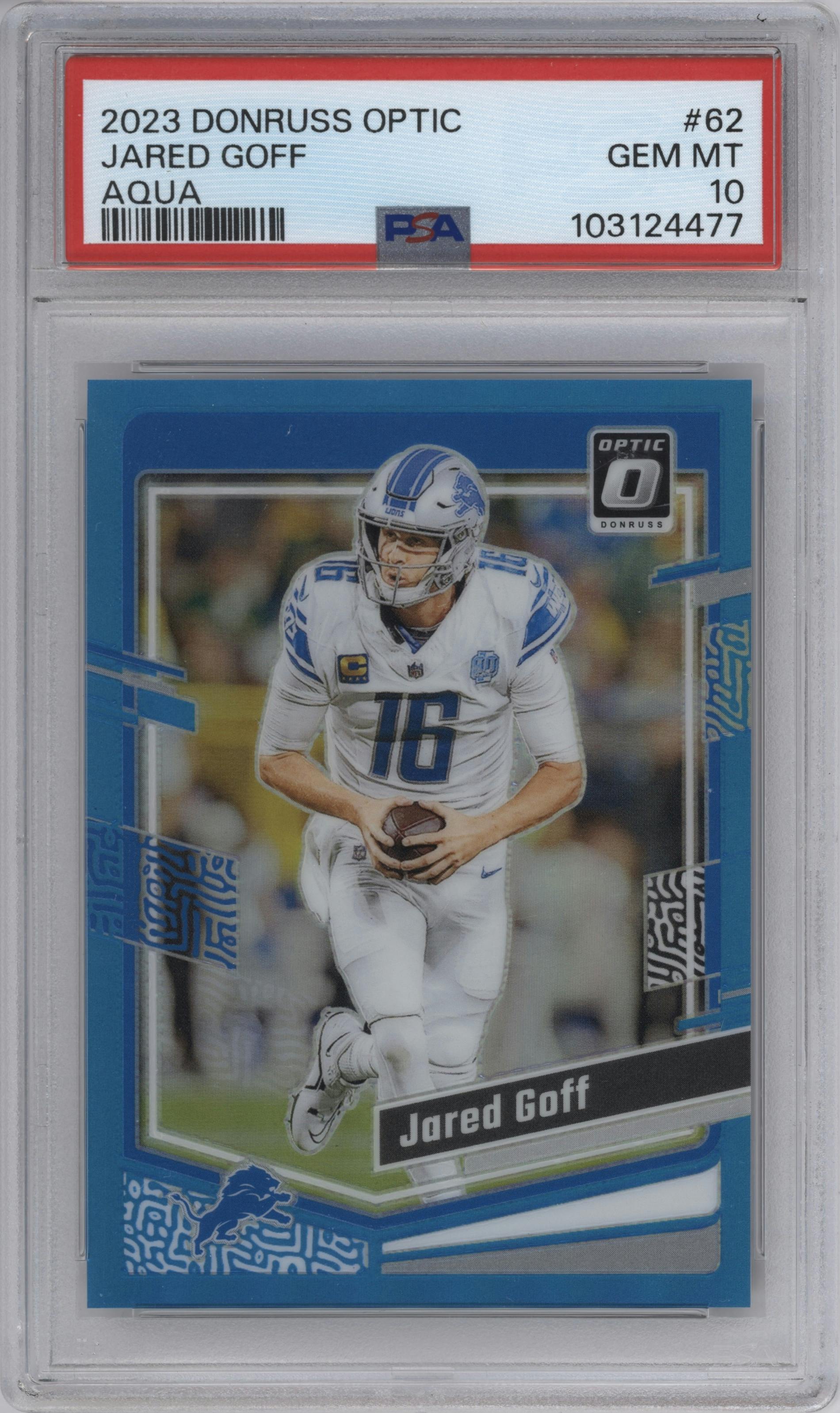 Jared Goff from the 2023 Donruss Optic set featuring a Aqua parallel graded by PSA and given an overall grade of 10.