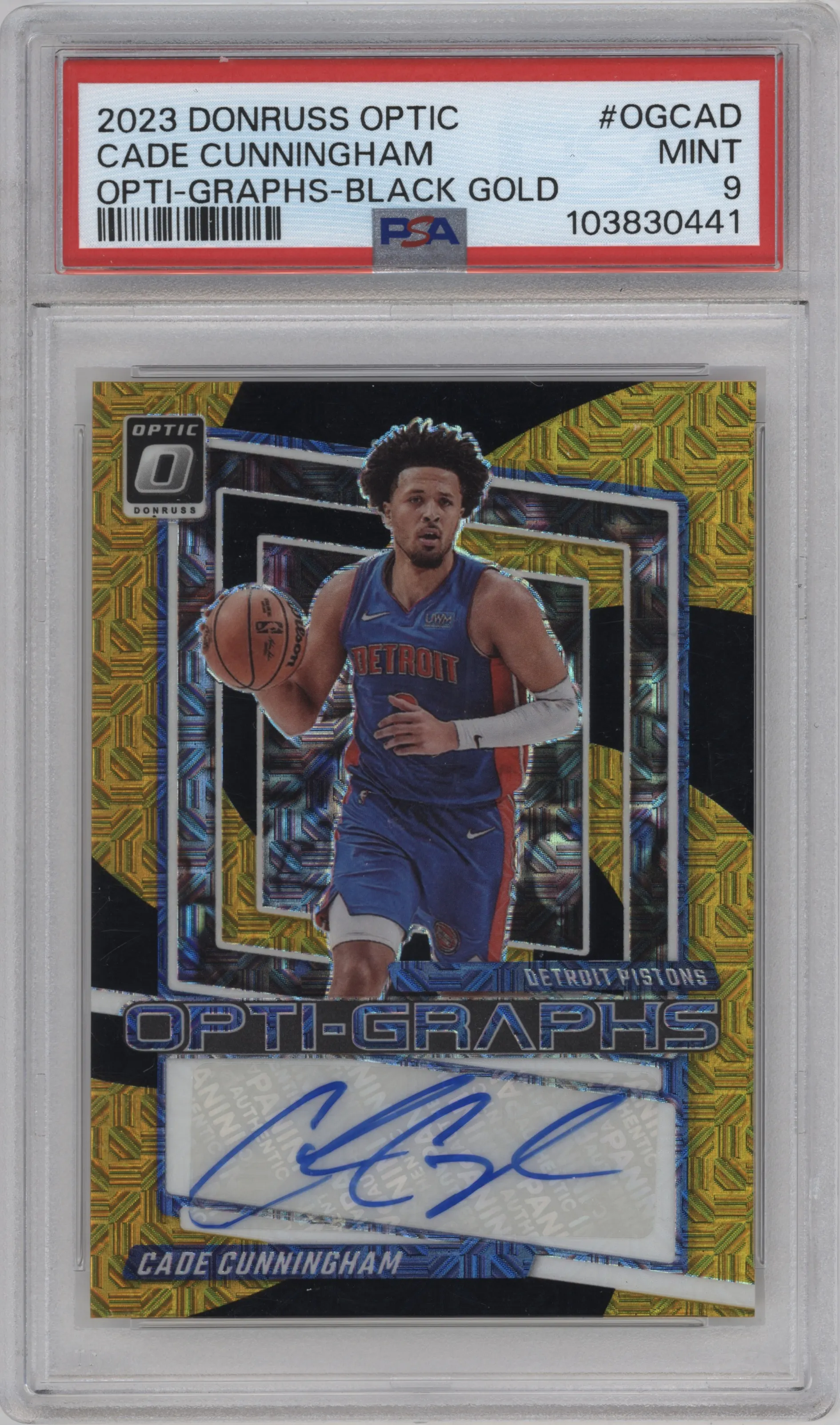 Cade Cunningham from the 2023-24 Donruss Optic set featuring a Black Gold parallel graded by PSA and given an overall grade of 9.