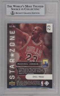 Michael Jordan from the 2004 Upper Deck Hawaii Trade Conference set graded by Beckett and given an overall grade of 8.5.