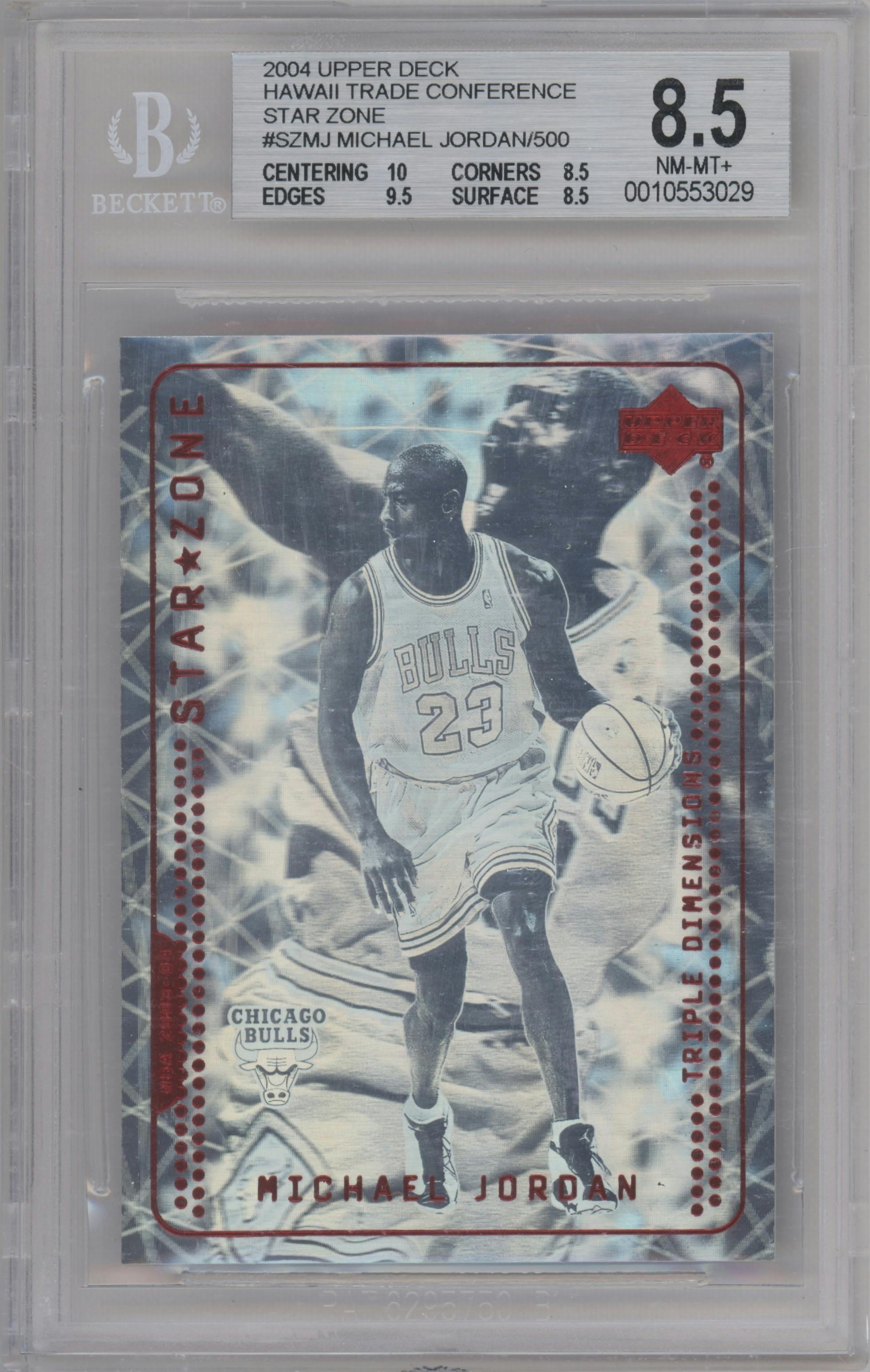 Michael Jordan from the 2004 Upper Deck Hawaii Trade Conference set graded by Beckett and given an overall grade of 8.5.