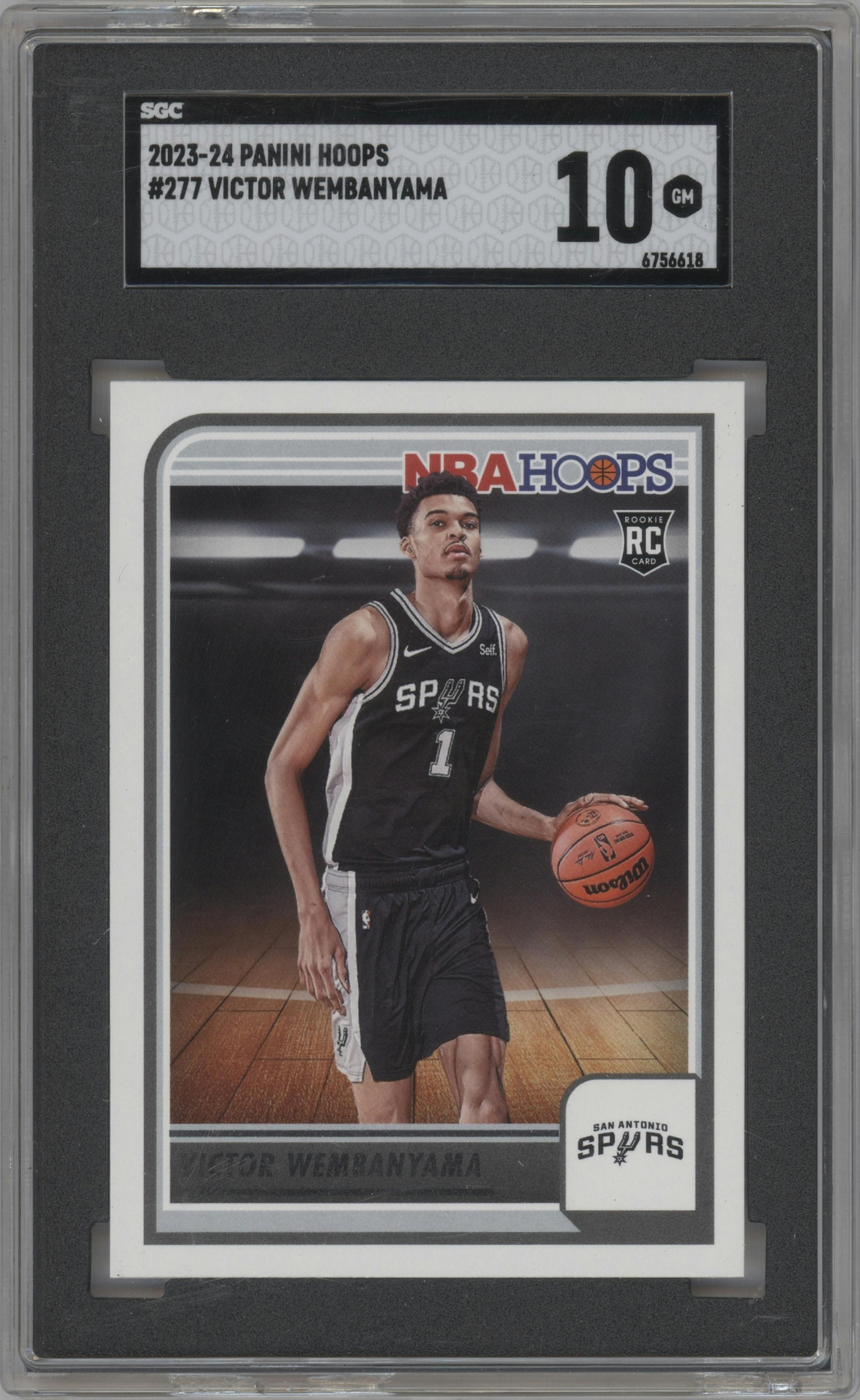 Victor Wembanyama from the 2023-24 Panini NBA Hoops set graded by SGC and given an overall grade of 10.
