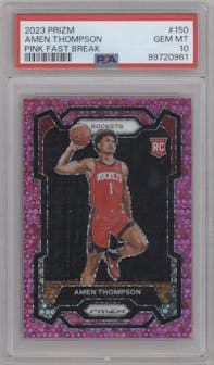 Amen Thompson from the 2023-24 Panini Prizm set featuring a Fast Break Pink parallel graded by PSA and given an overall grade of 10.