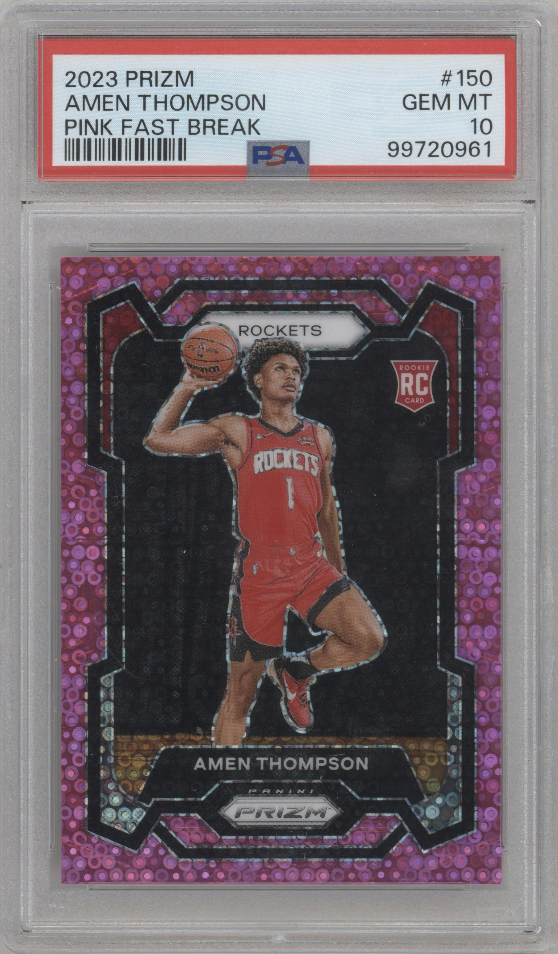 Amen Thompson from the 2023-24 Panini Prizm set featuring a Fast Break Pink parallel graded by PSA and given an overall grade of 10.