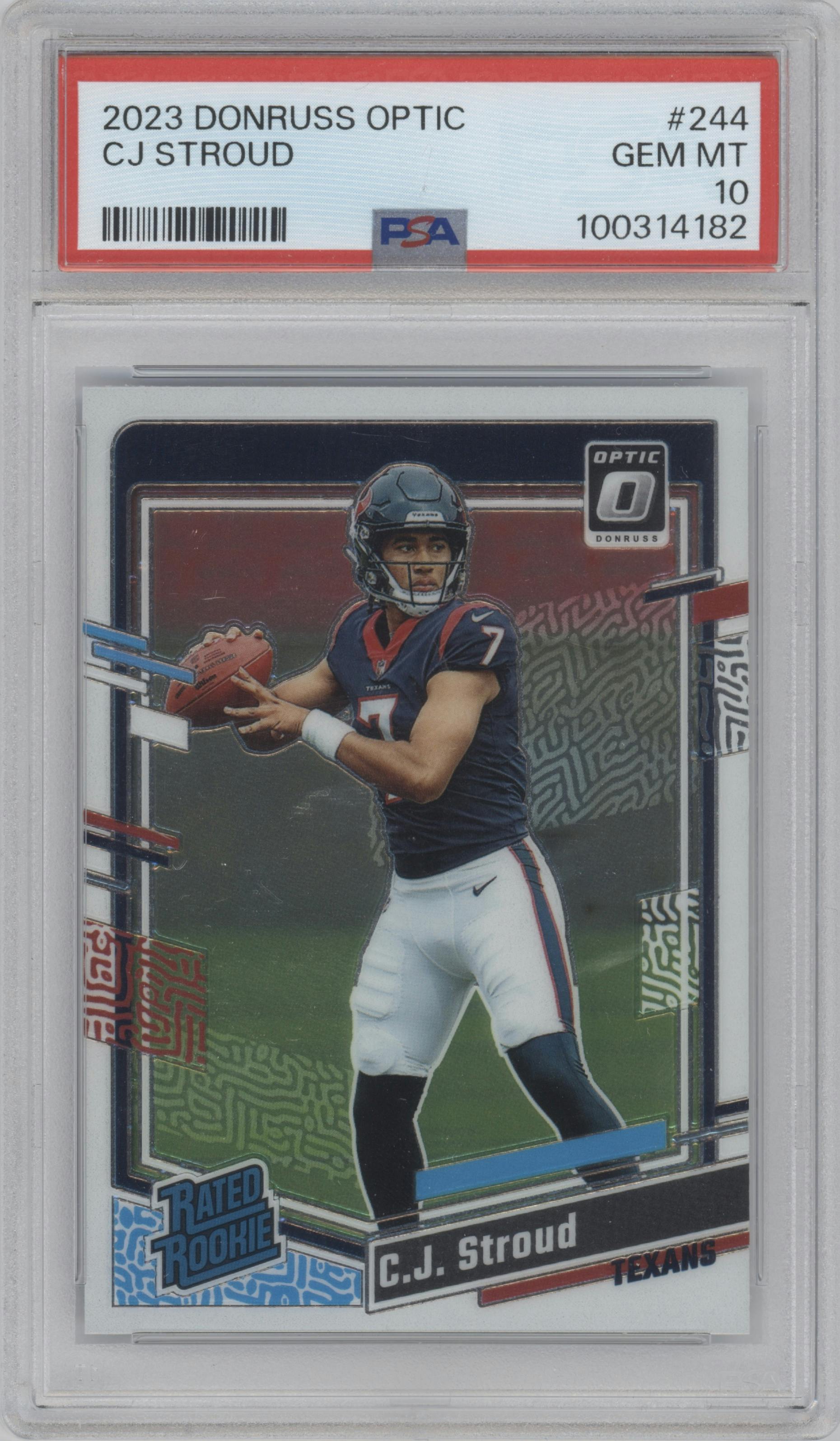 C.J. Stroud from the 2023 Donruss Optic set graded by PSA and given an overall grade of 10.